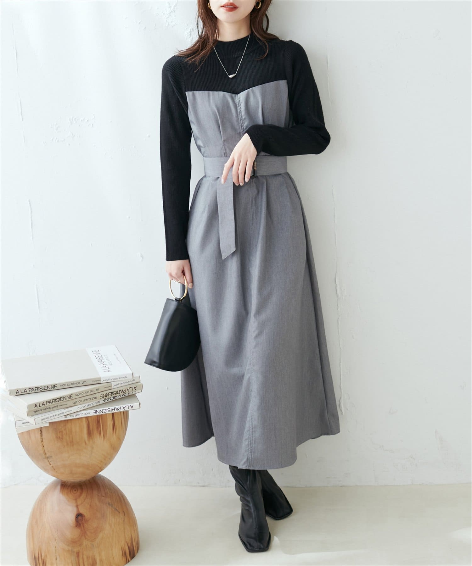 natural couture(ナチュラルクチュール) WEB限定/プチハイリブニットドッキングワンピース