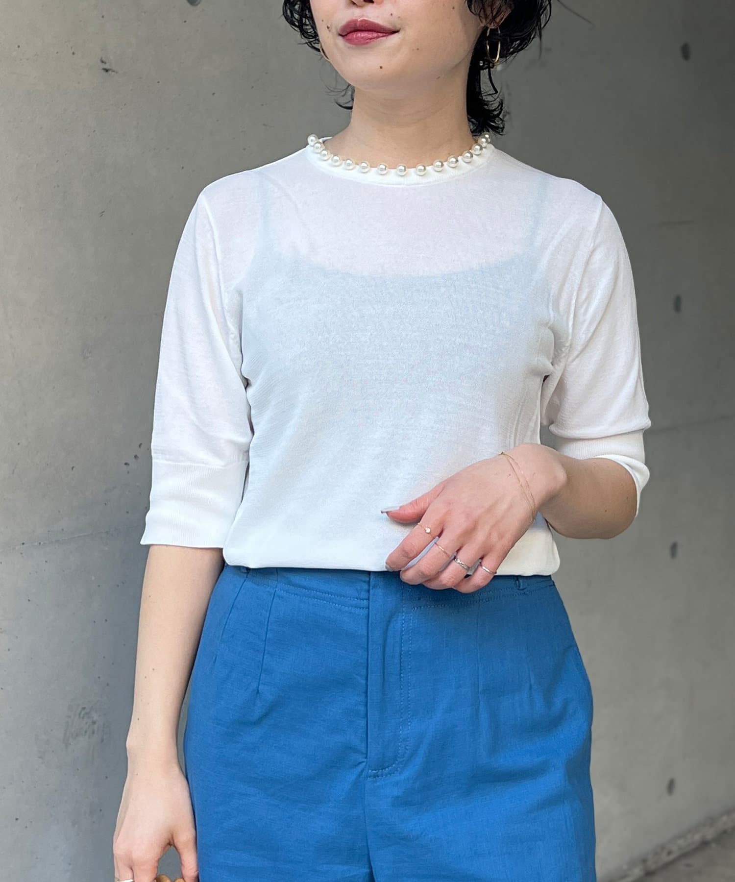Chez toi(シェトワ) ネックパール5分袖プルオーバー