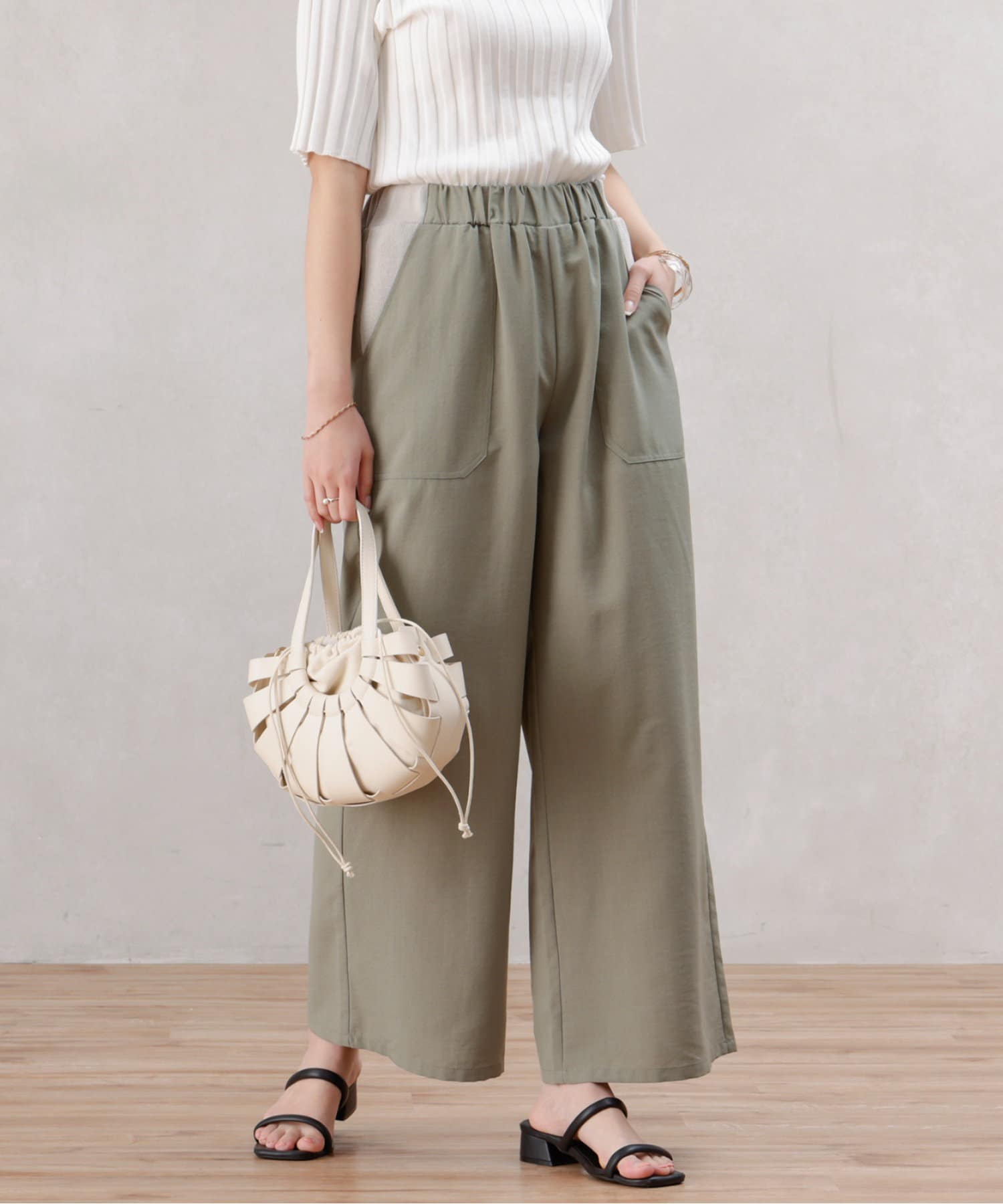 リブ切替リネンタッチワイドパンツ | Chez toi(シェトワ