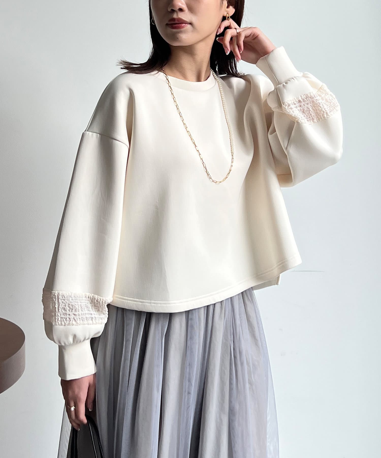 Chez toi(シェトワ) 袖シアーJQ切替ボンディング×リップルプルオーバー