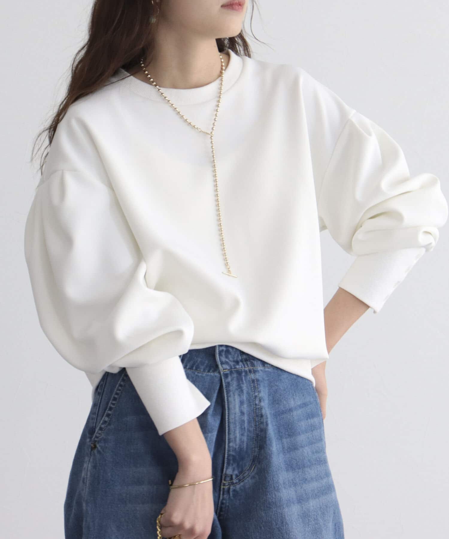 【IENA】♡ボリュームスリーブプルオーバー（WHITE） セール】ミニ裏毛ボリュームスリーブプルオーバー◇（Tシャツ
