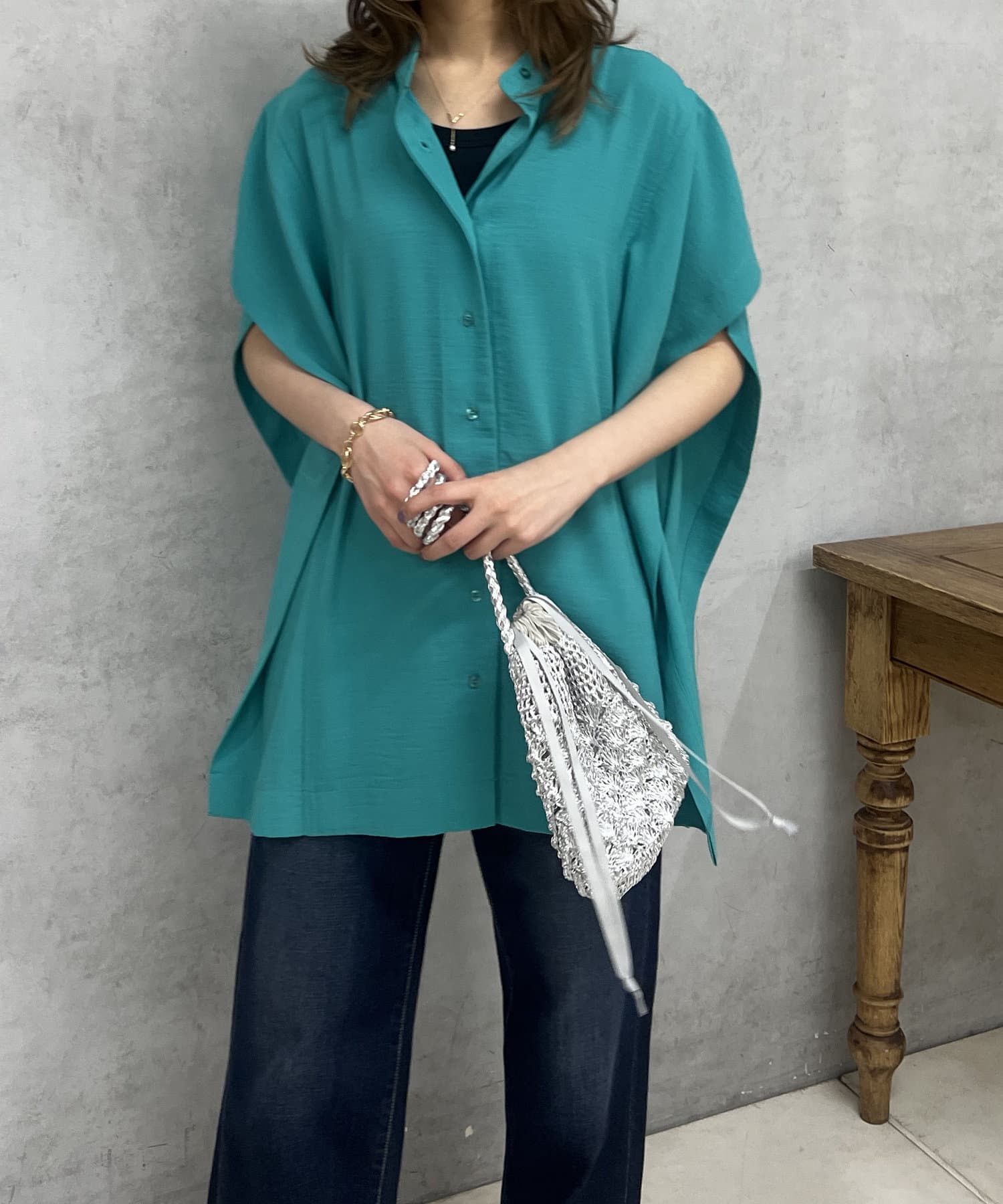 un dix cors(アンディコール) 麻ライクバンドカラーブラウス