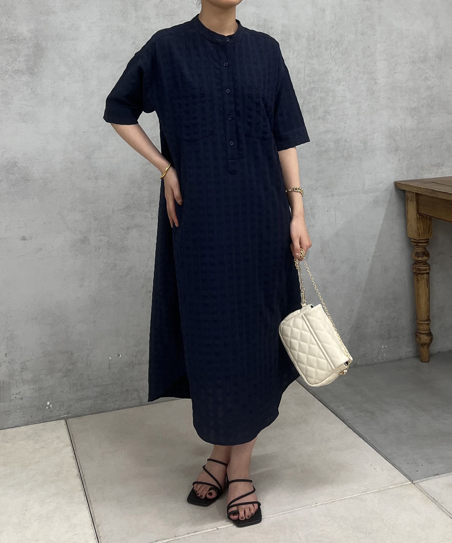 un dix cors(アンディコール) チェックバンドカラーシャツワンピース