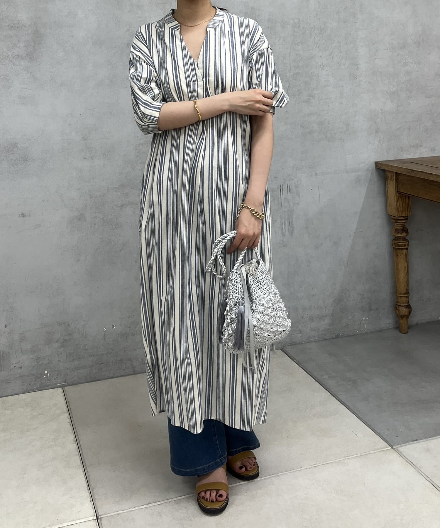 un dix cors(アンディコール) ボリュームスリーブストライプワンピース