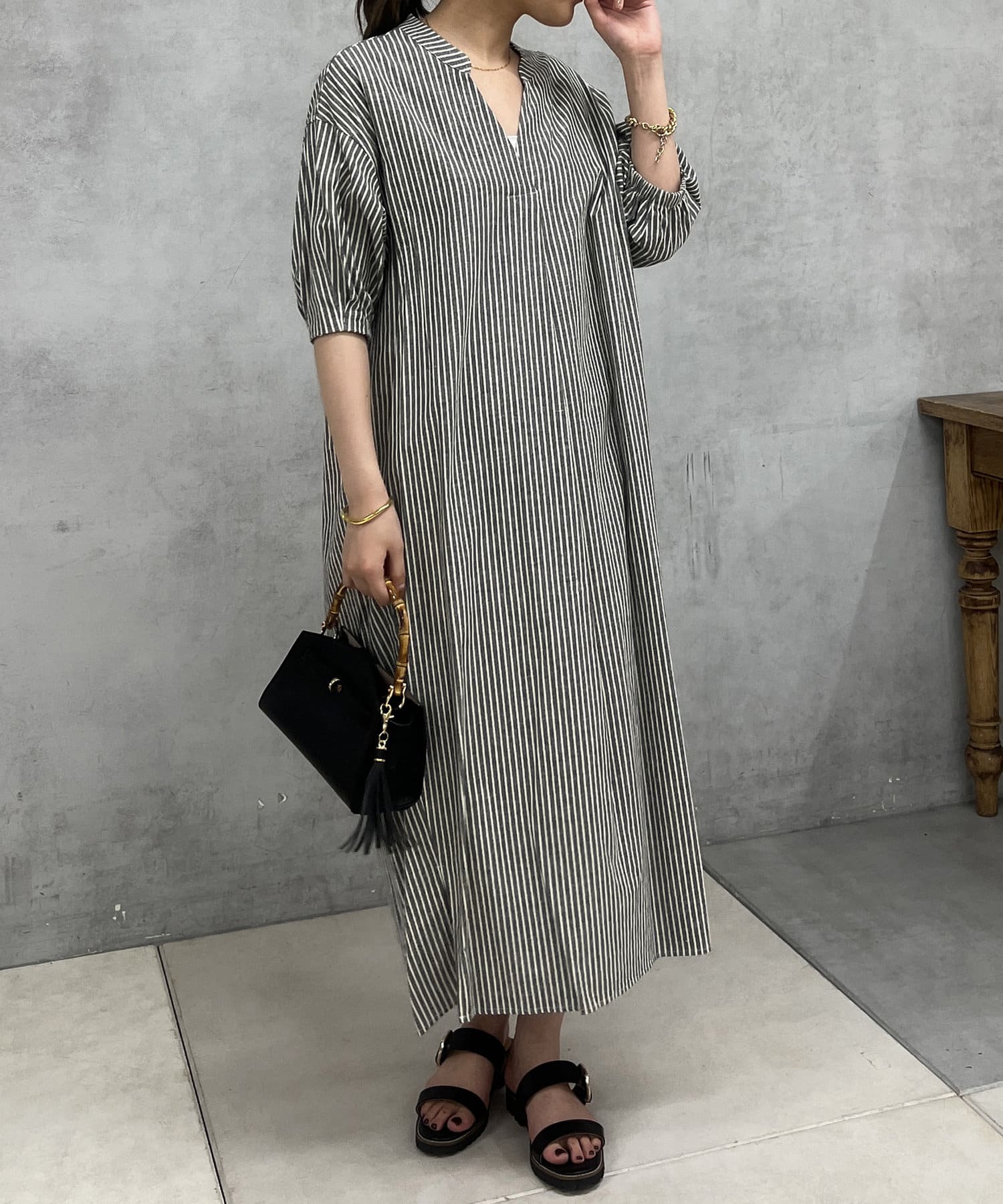 un dix cors(アンディコール) ボリュームスリーブストライプワンピース