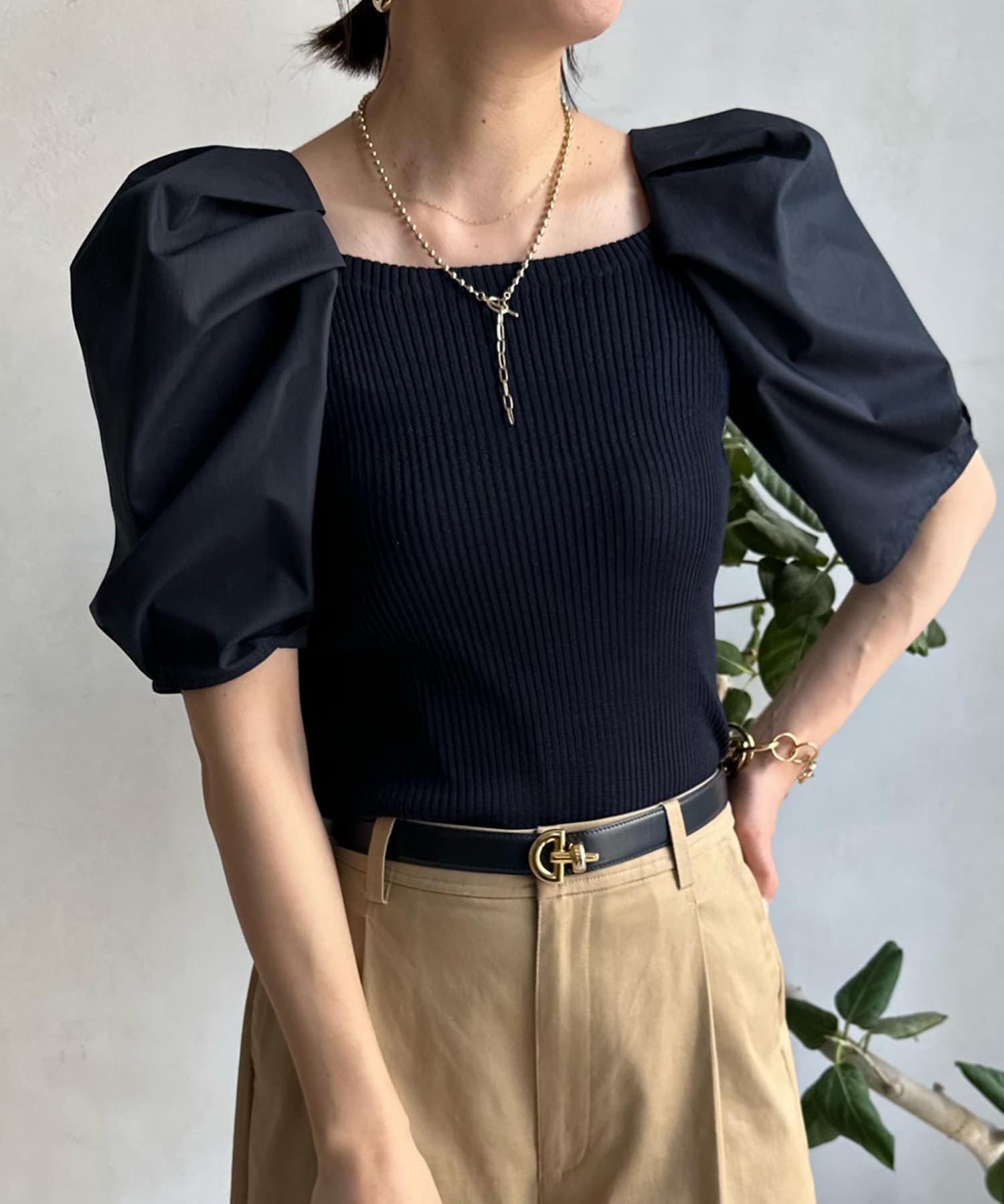 DOUDOU(ドゥドゥ) 【WEB限定】ボリューム袖ニット切替プルオーバー