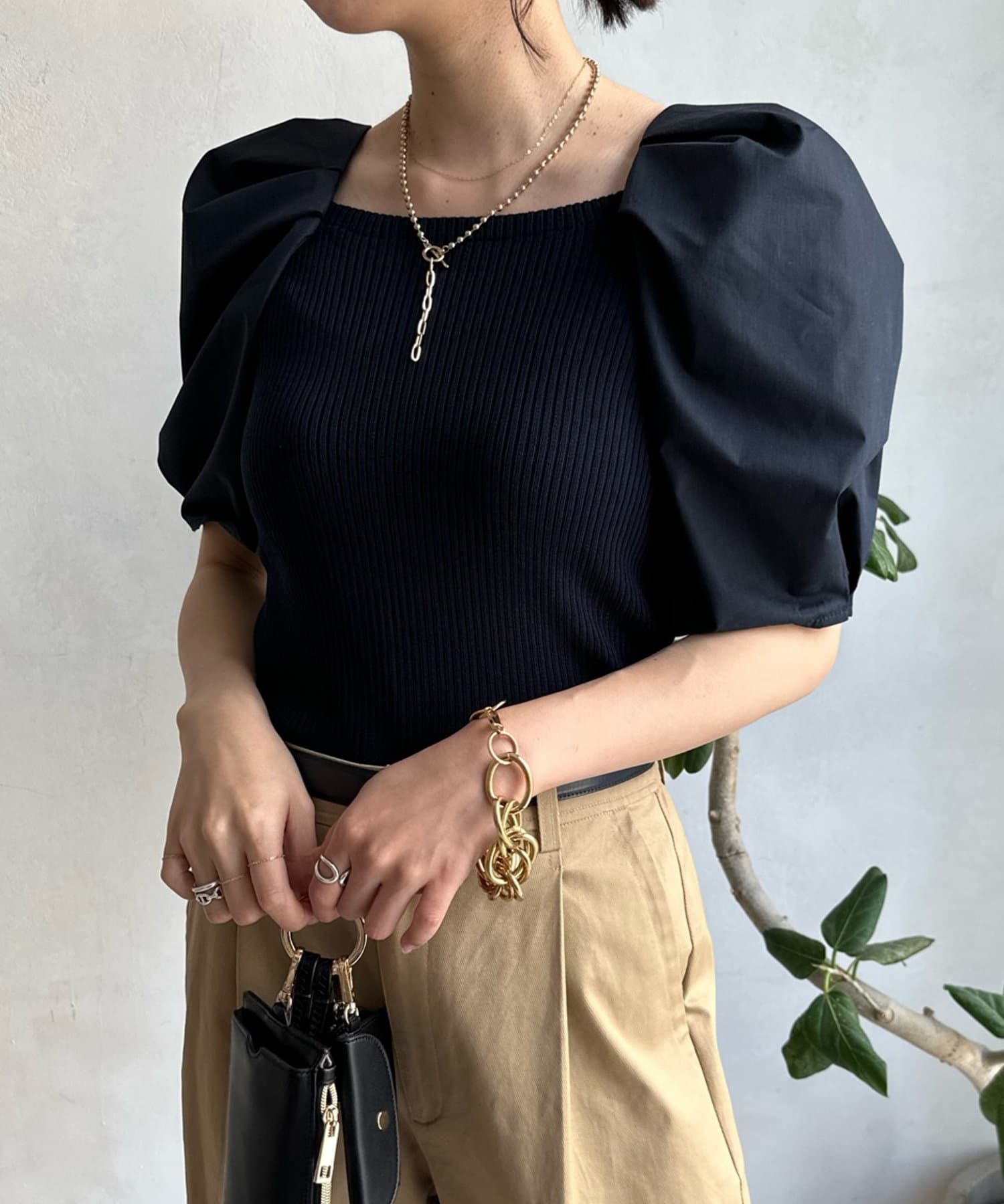 DOUDOU(ドゥドゥ) 【WEB限定】ボリューム袖ニット切替プルオーバー