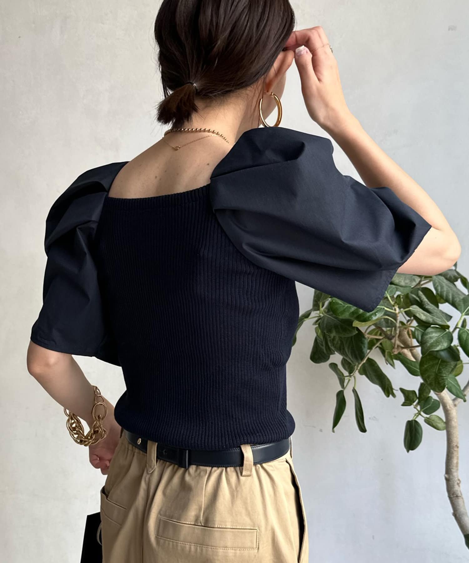 DOUDOU(ドゥドゥ) 【WEB限定】ボリューム袖ニット切替プルオーバー