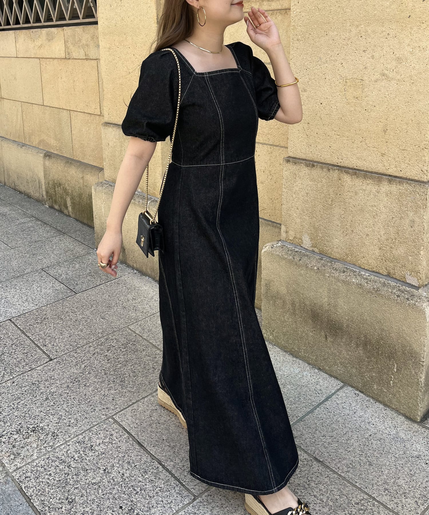 prose verse(プロズヴェール) スクエアネックパフスリーブデニムワンピース