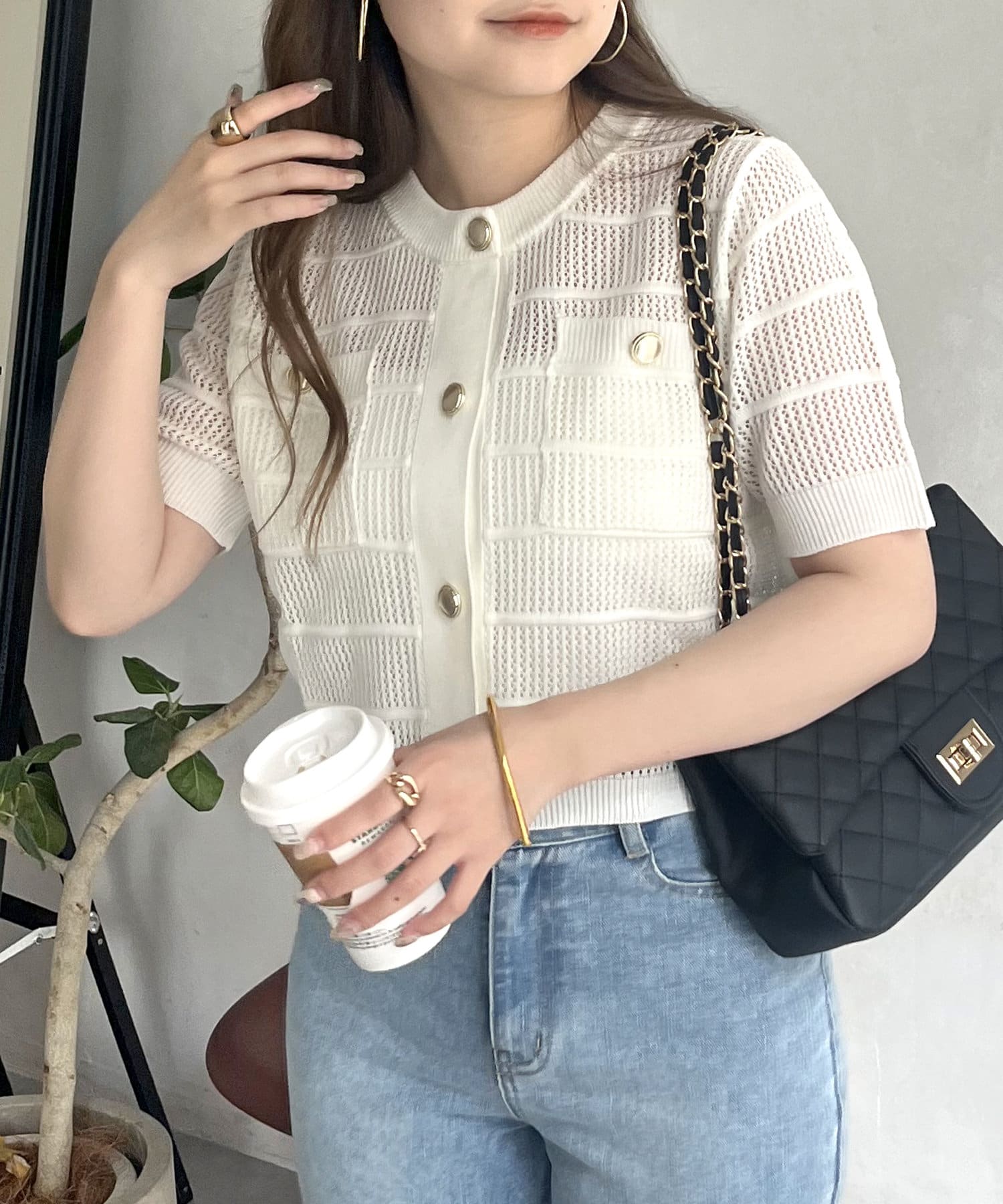 prose verse(プロズヴェール) 金ボタン半袖メッシュカーディガン