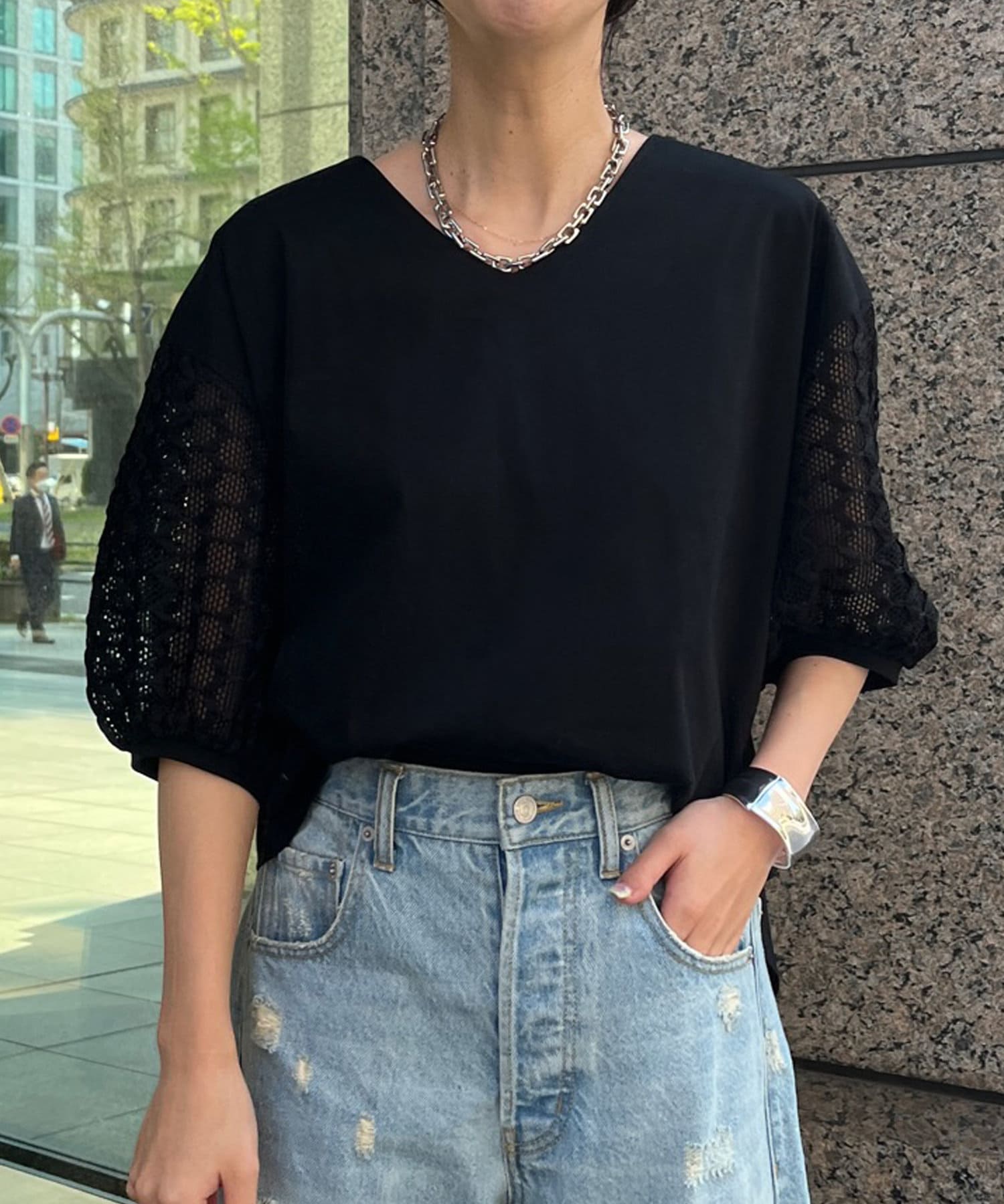 DOUDOU(ドゥドゥ) 【WEB限定】袖レースVネックトップス