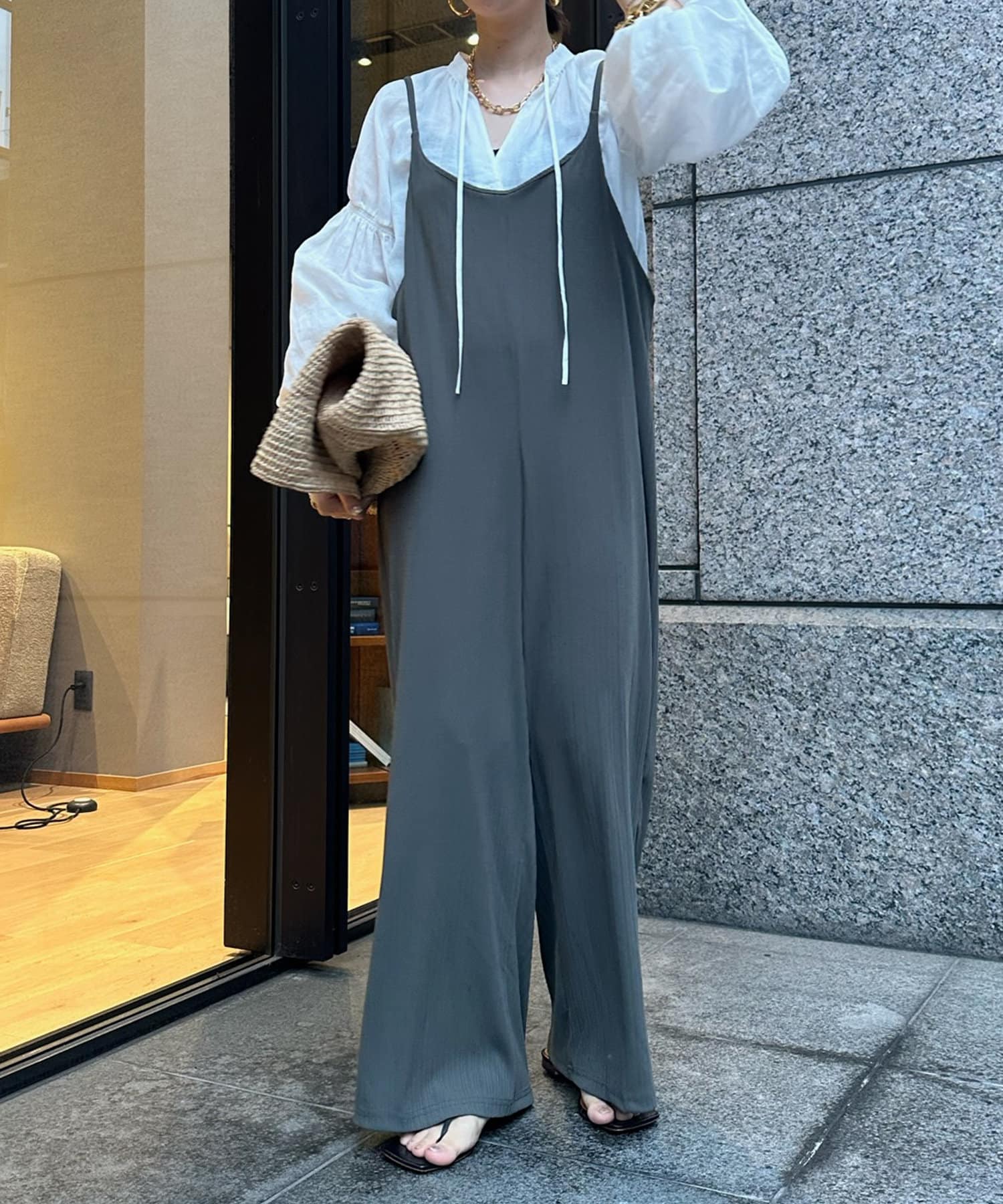 DouDou サロペット オーバーオール デニムフロントジップ