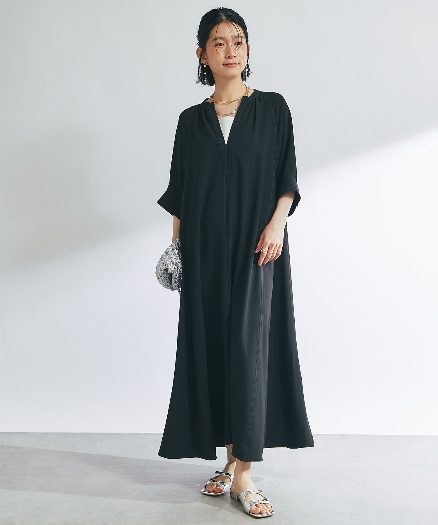 un dix cors(アンディコール) 《二の腕カバー◎・2サイズ》接触冷感スキッパーロングワンピース