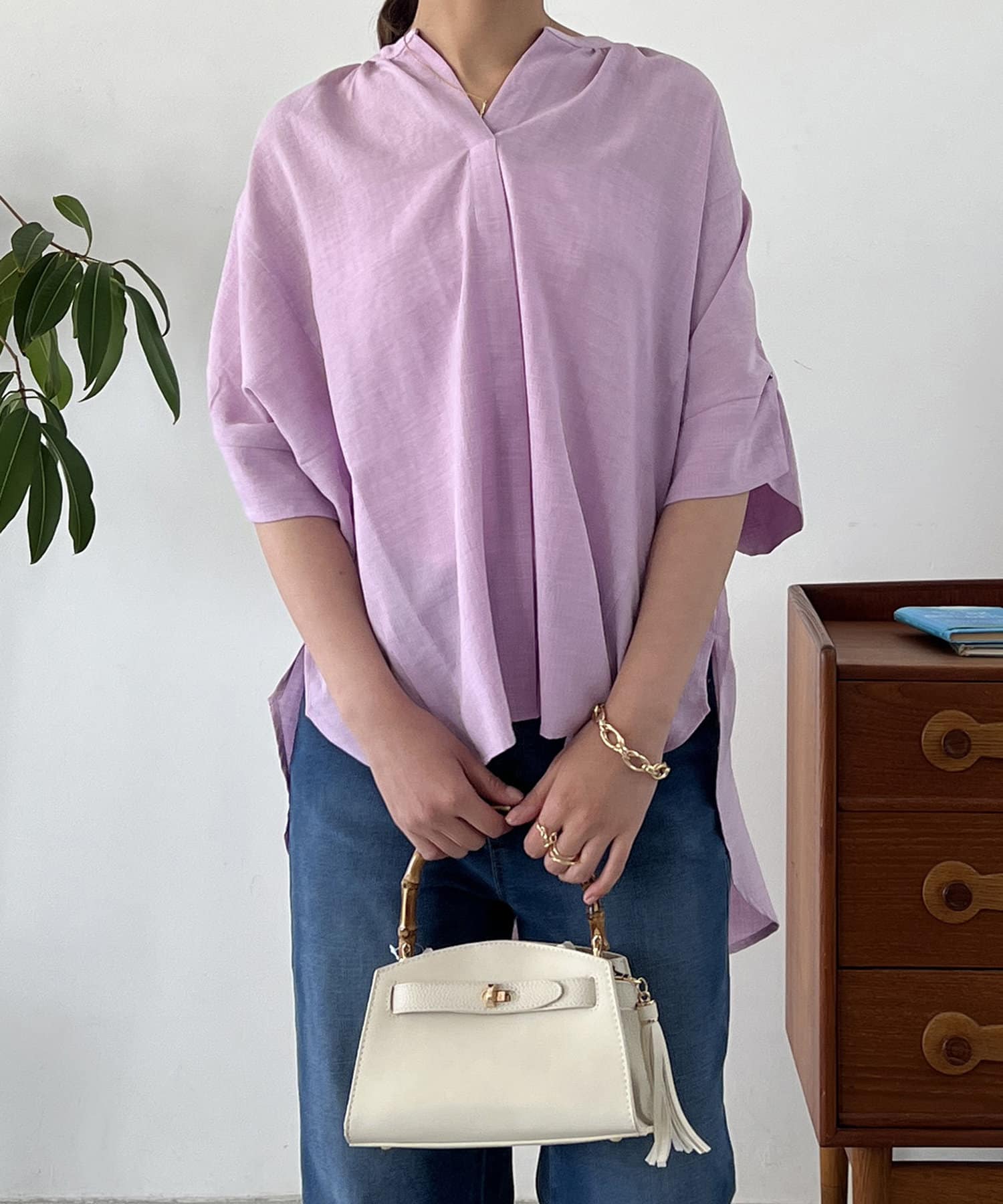 un dix cors(アンディコール) 麻調スキッパーギャザーブラウス