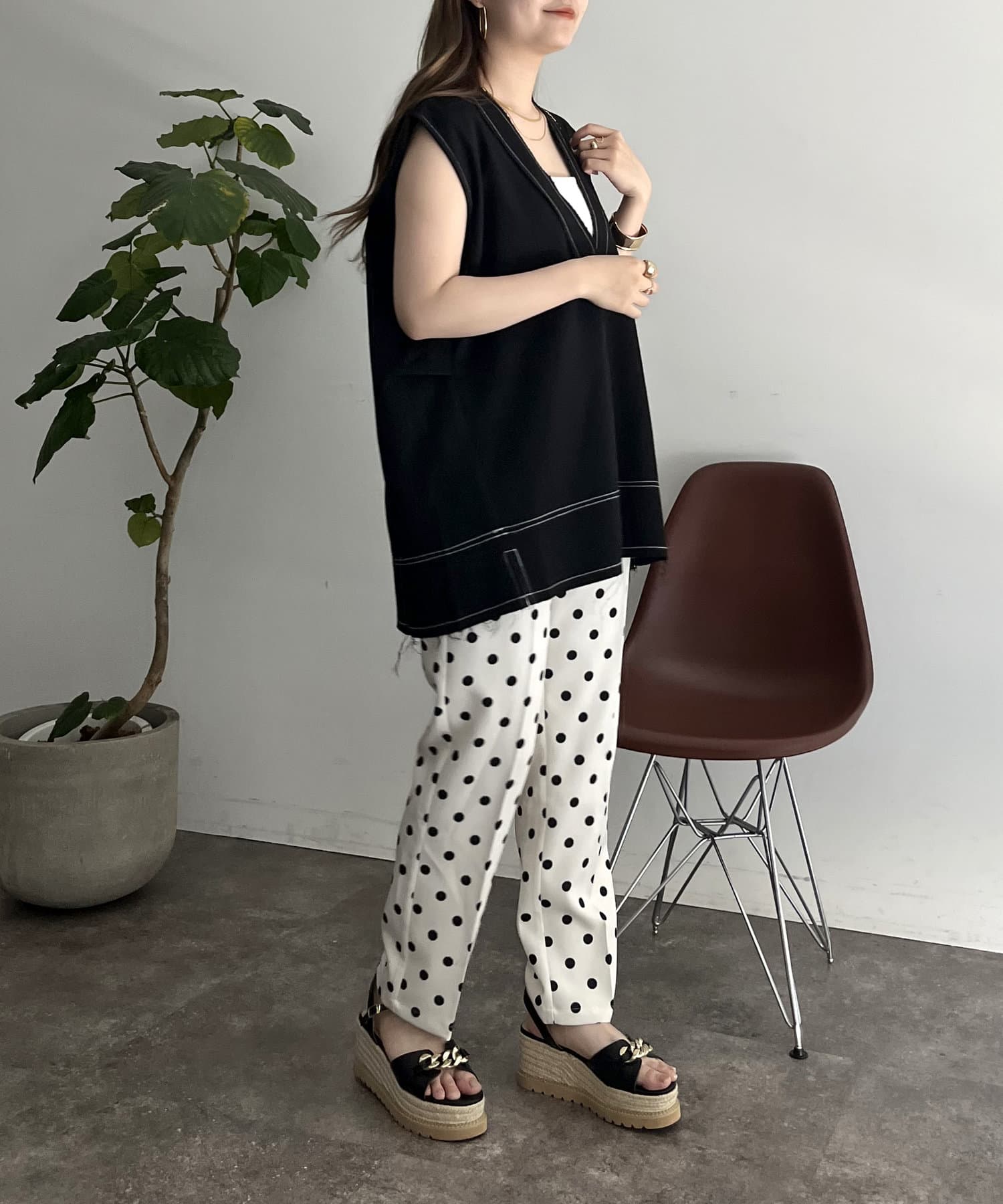 prose verse(プロズヴェール) 配色ステッチ深Vネックフリンジベスト