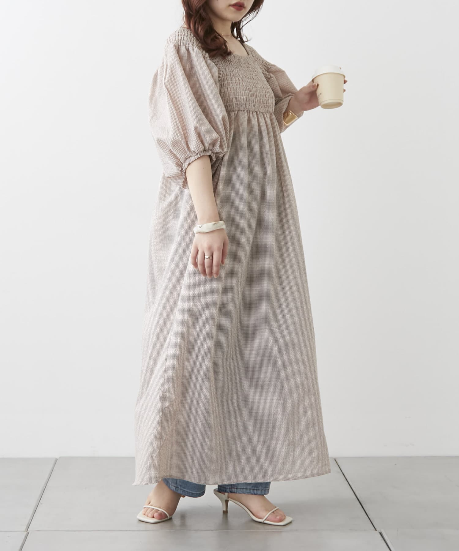 pinue シャーリングチェックワンピース CHOCO XS