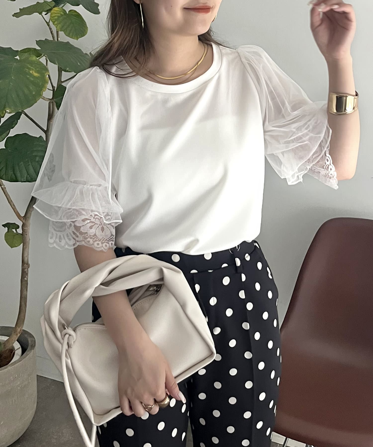 prose verse(プロズヴェール) チュールレースボリューム袖Tシャツ