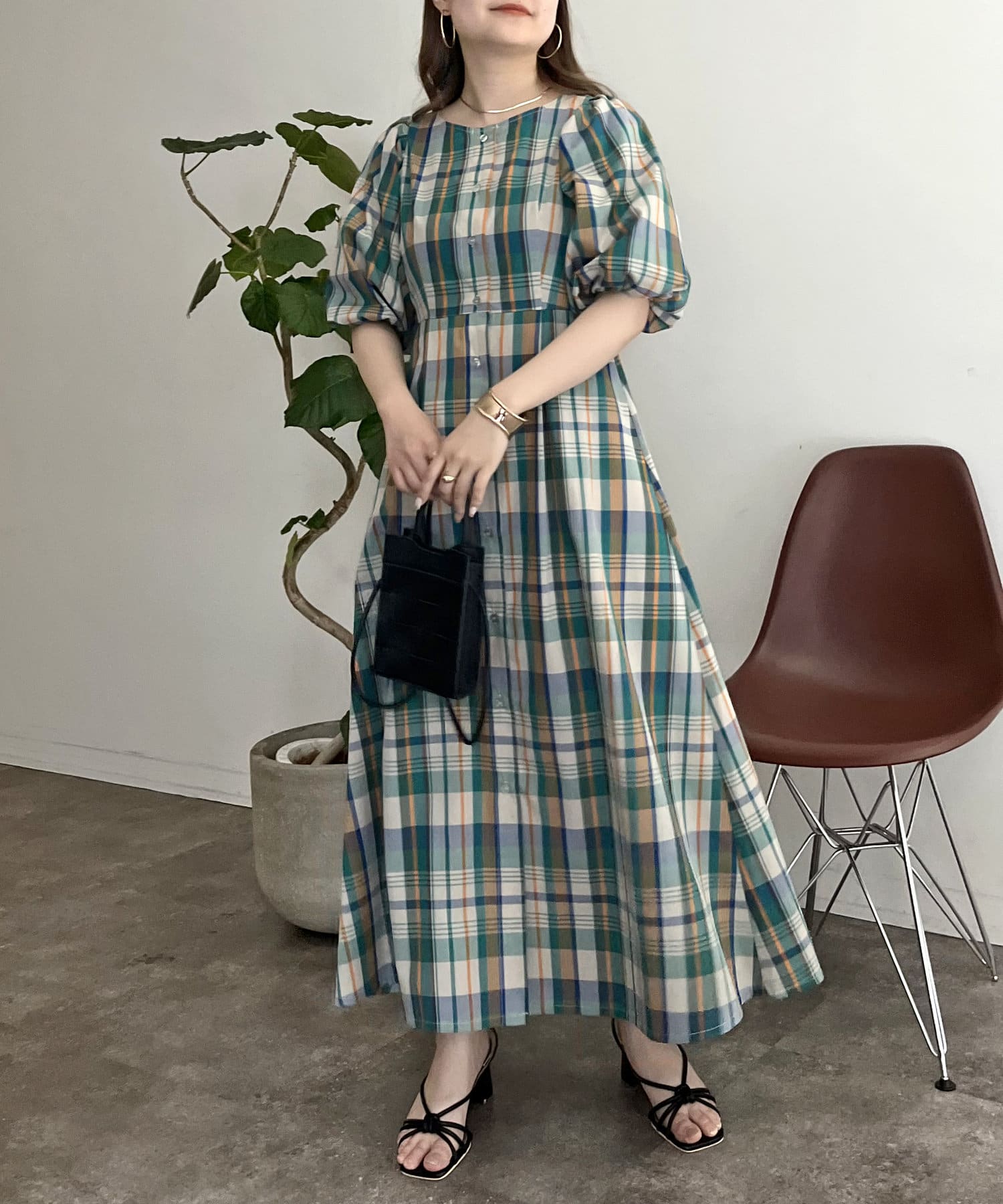 prose verse(プロズヴェール) カラーチェック袖ボリュームワンピース