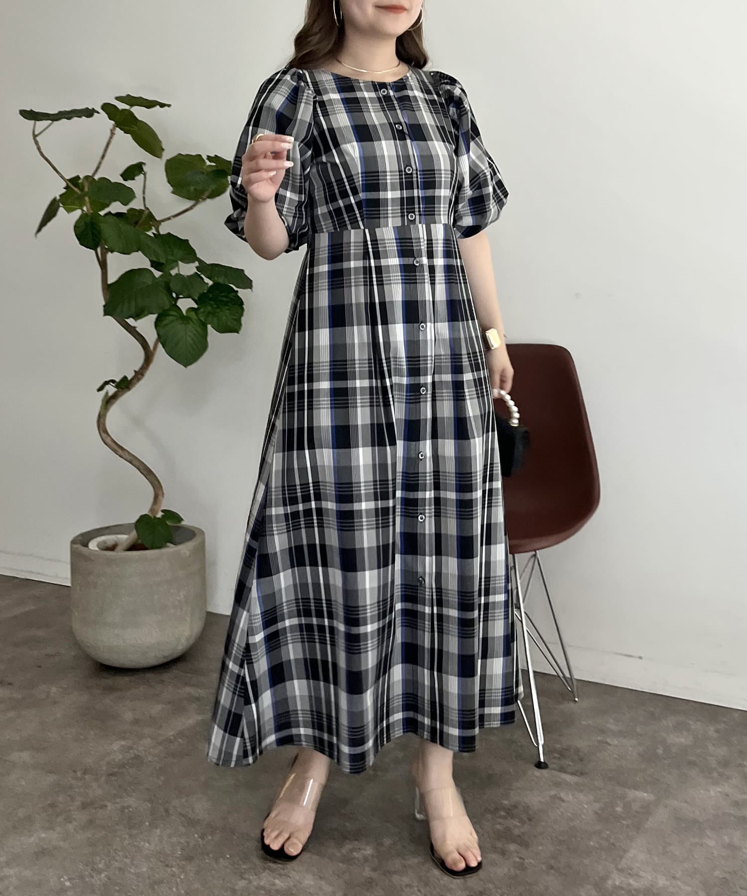 prose verse(プロズヴェール) カラーチェック袖ボリュームワンピース