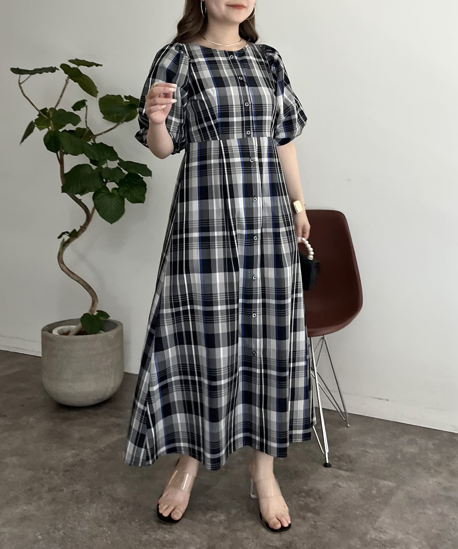 prose verse(プロズヴェール) カラーチェック袖ボリュームワンピース