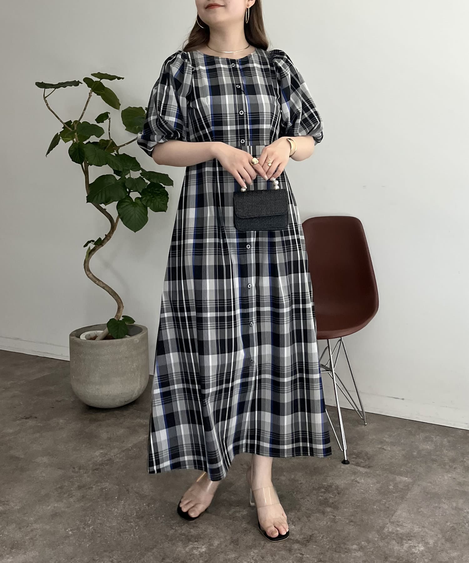 prose verse(プロズヴェール) カラーチェック袖ボリュームワンピース