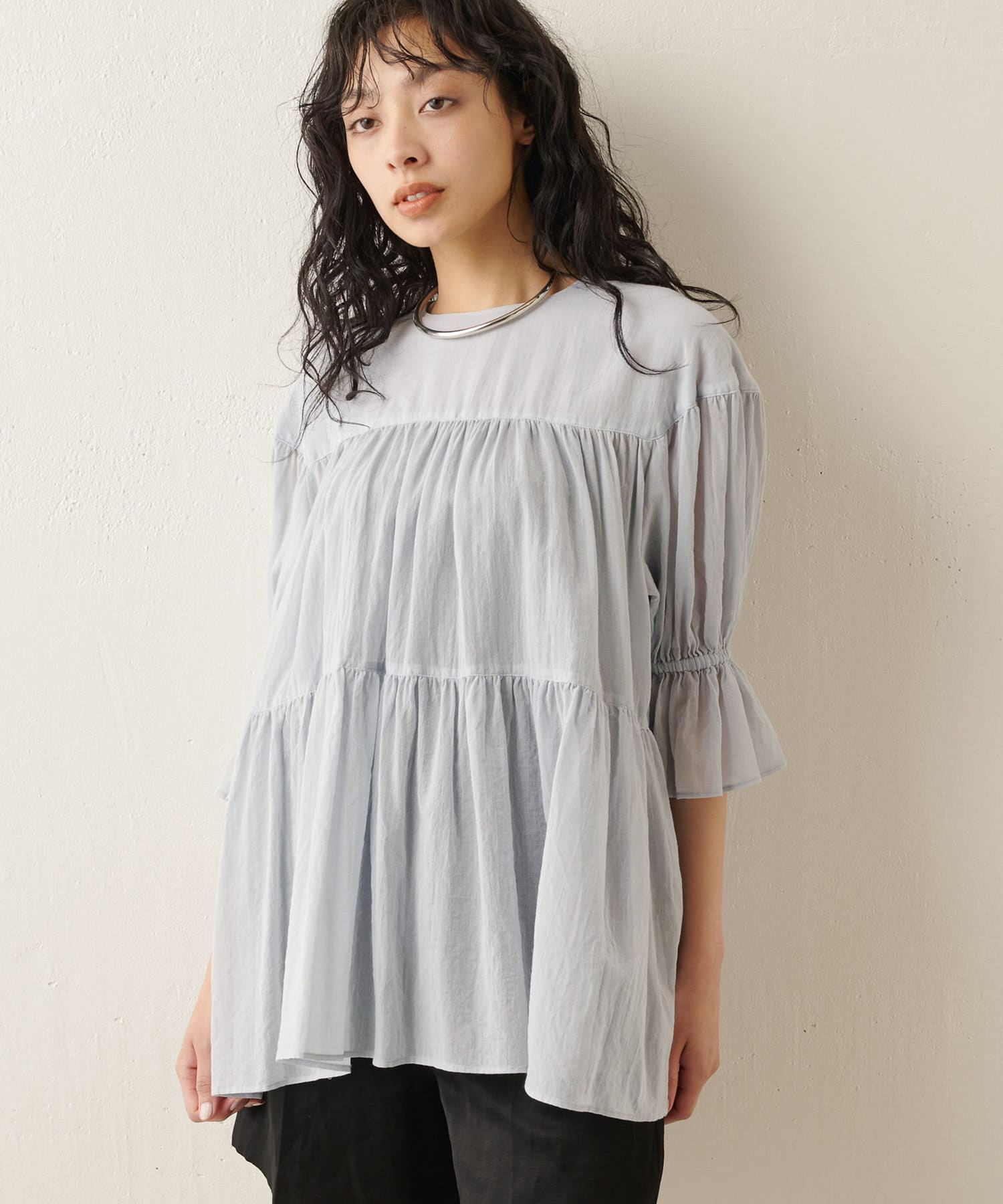 ◆新品タグ付き◆ Whim Gazetteコットンシフォンギャザーシャツドレス