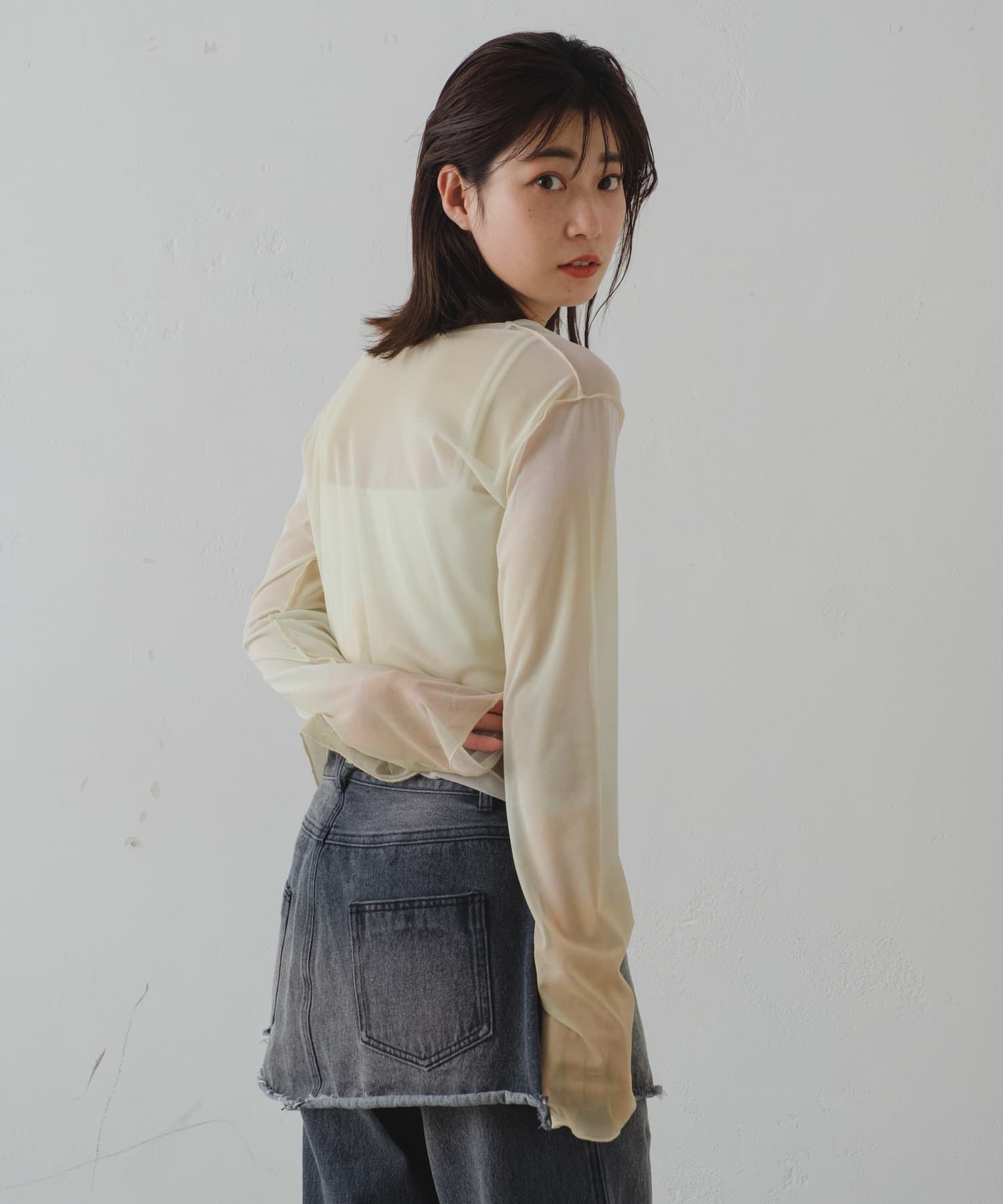 2　イークラット　グラデーション　シアー　カーディガン　リボン　1ボタン　羽織り mily bilet】軽やかガーリー。リボン使いシアー楊柳フリルカーディガン