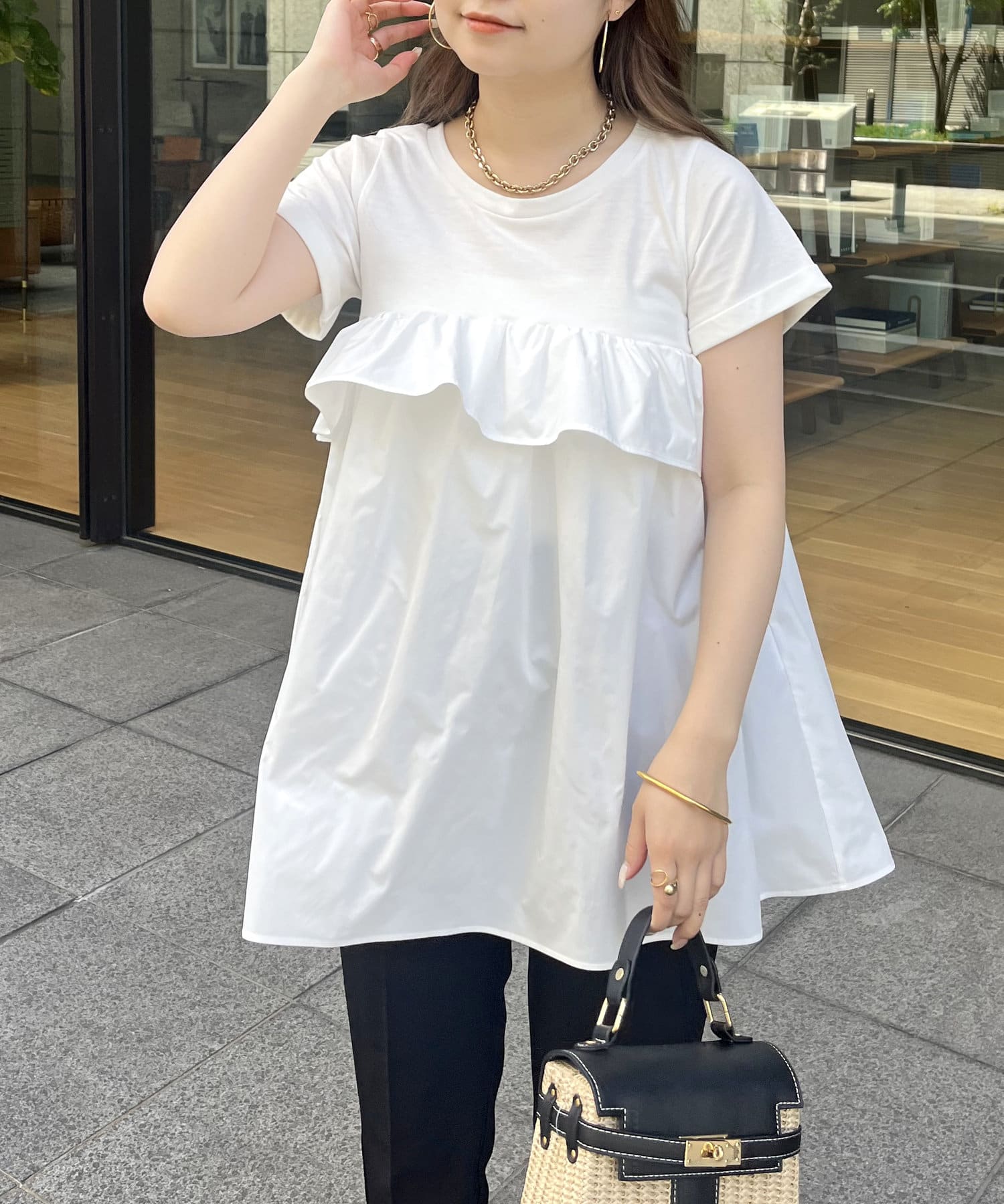 パールフリルギャザーペプラムロンT（Tシャツ/カットソー