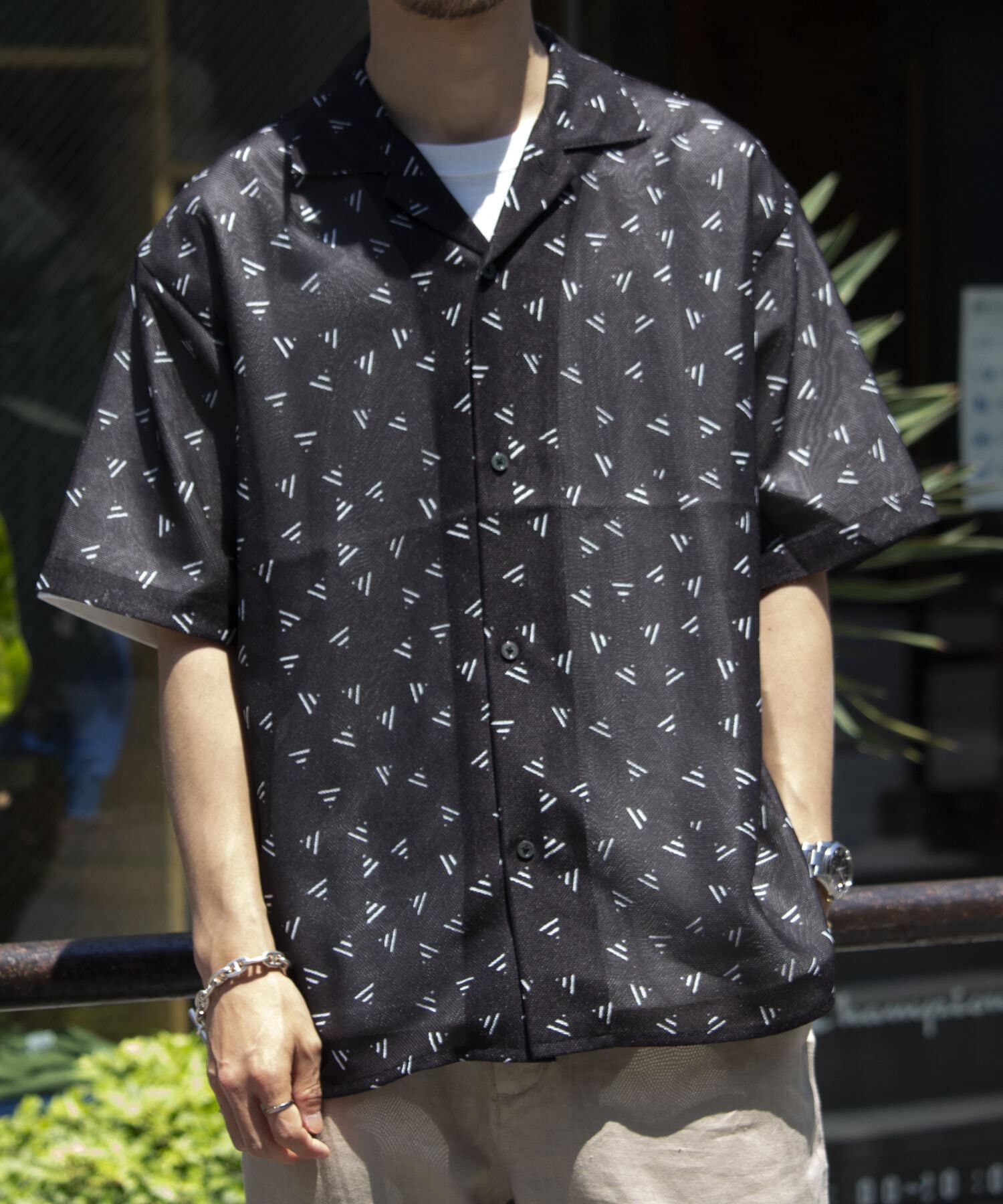 FREDY & GLOSTER(フレディ アンド グロスター) 【GLOSTER】ジオメトリック柄 オープンカラーシャツ メッシュシャツ