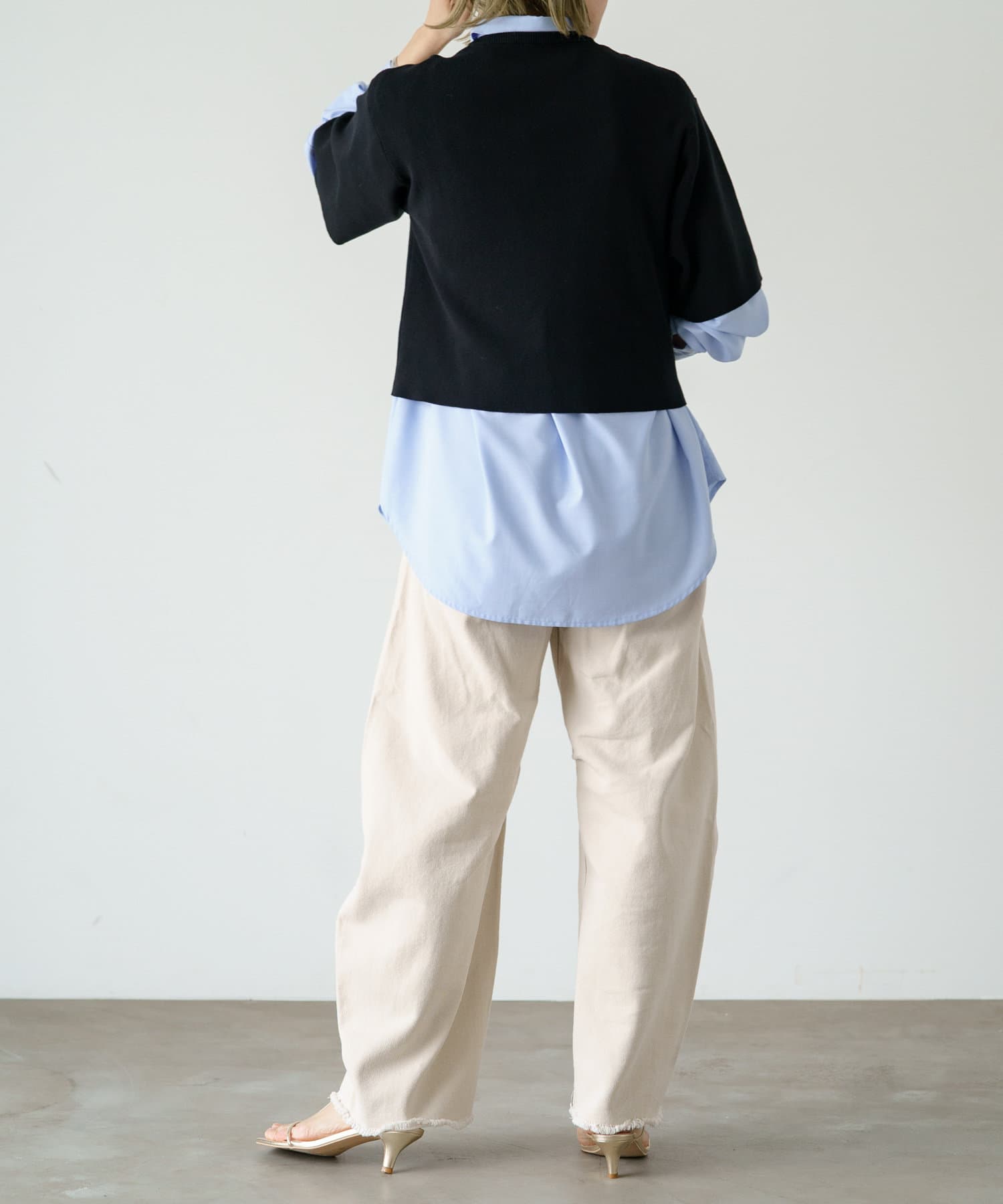 Omekashi(オメカシ) 【肘まで隠れる袖丈】総針半袖ニットプルオーバー
