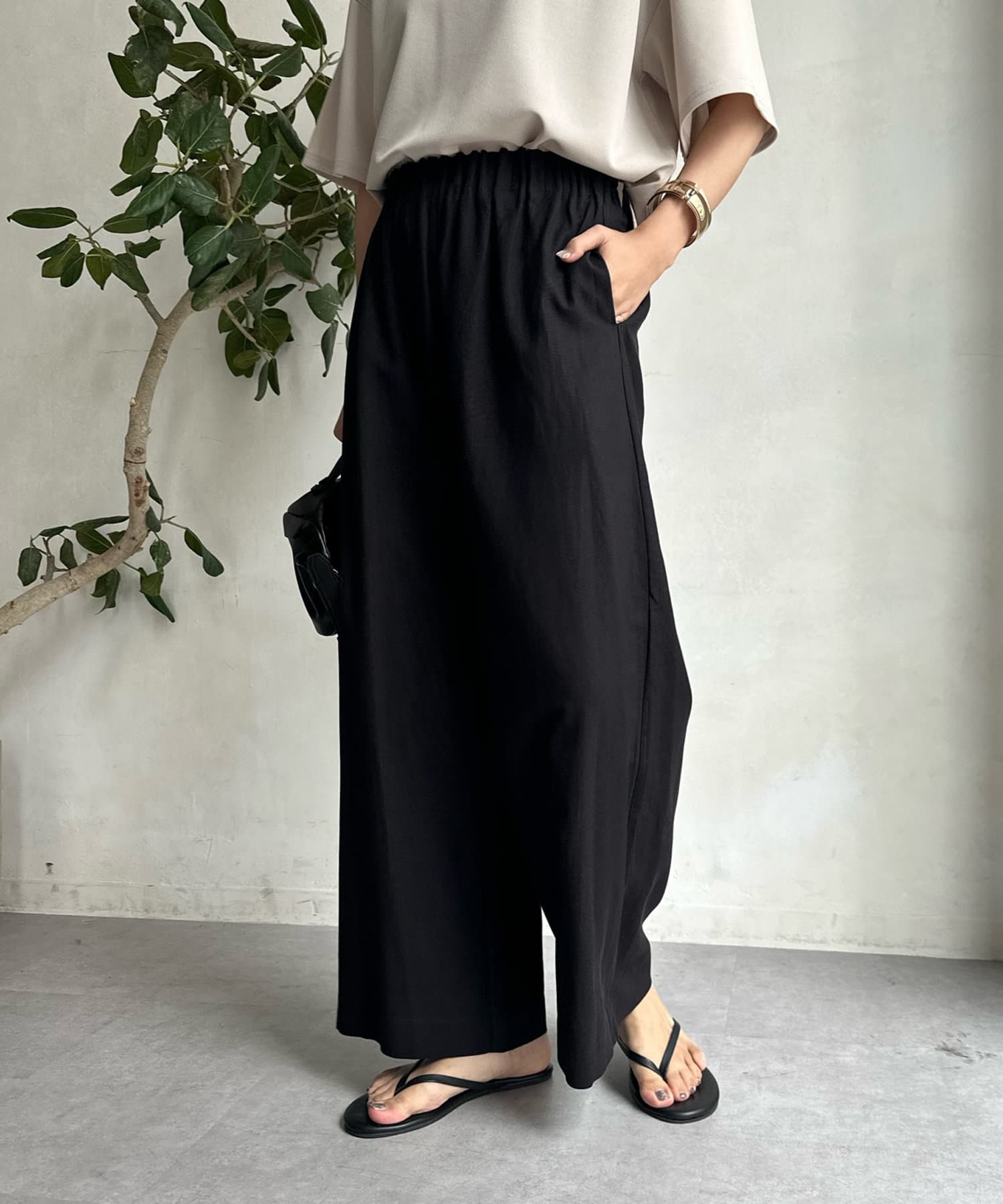 DOUDOU(ドゥドゥ) 【WEB限定】 ウエストデザイン麻レーヨンワイドパンツ