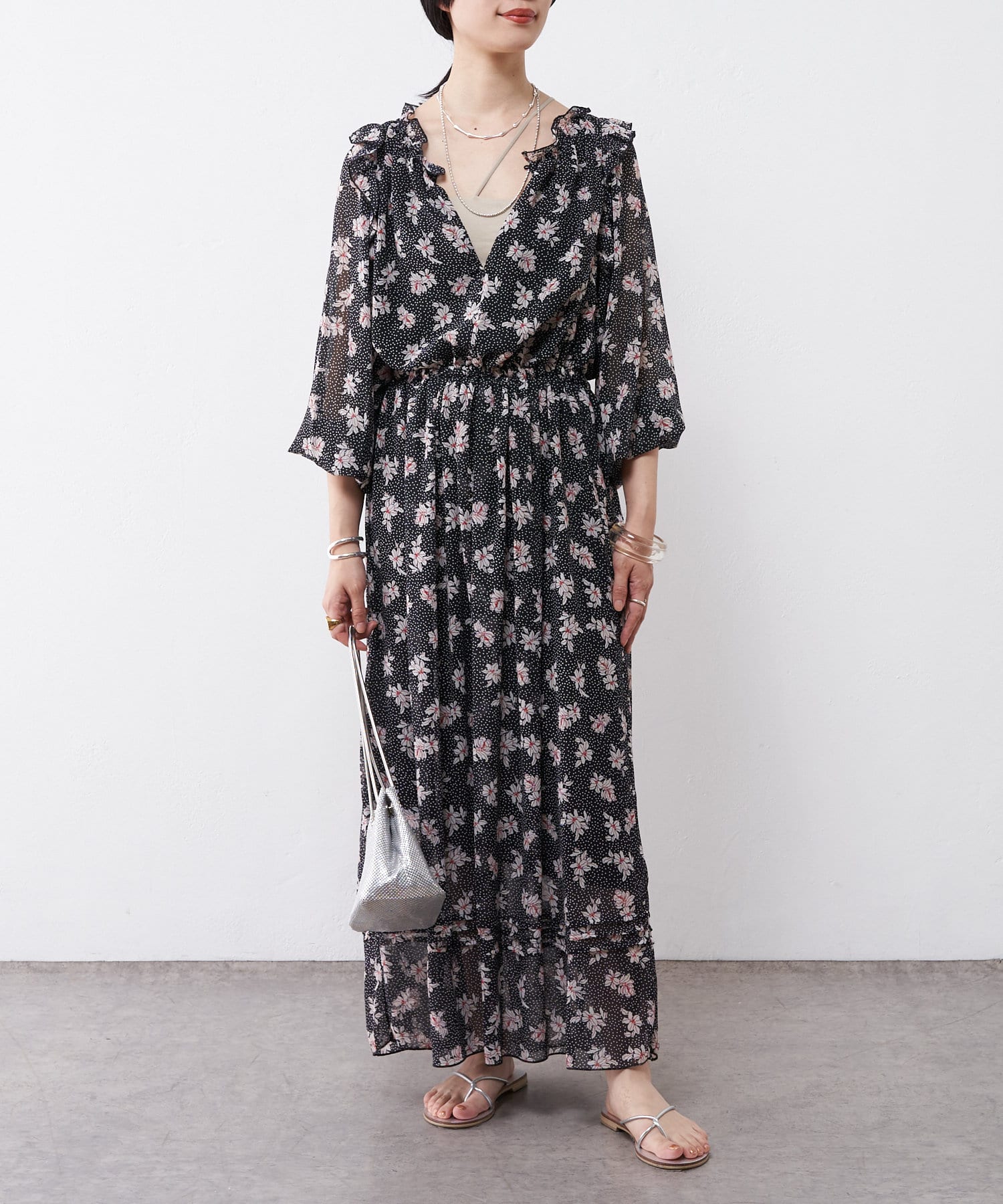 OUTLET(アウトレット) 【SHENERY】ウエスト切替プリントドレス