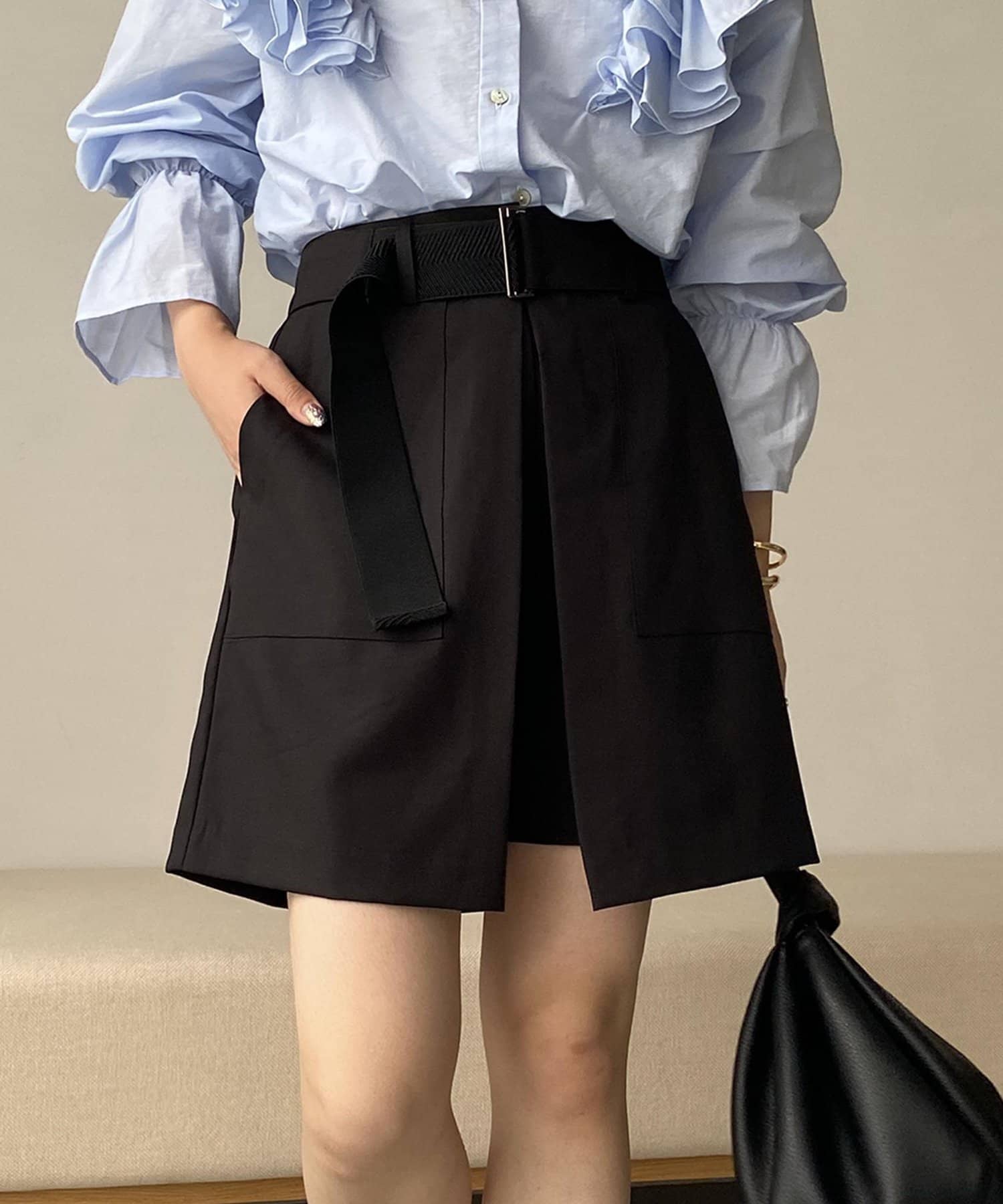 裾丈542㎝ショートパンツ　レイヤード　ロングスカート ブラック　マキシ丈　黒