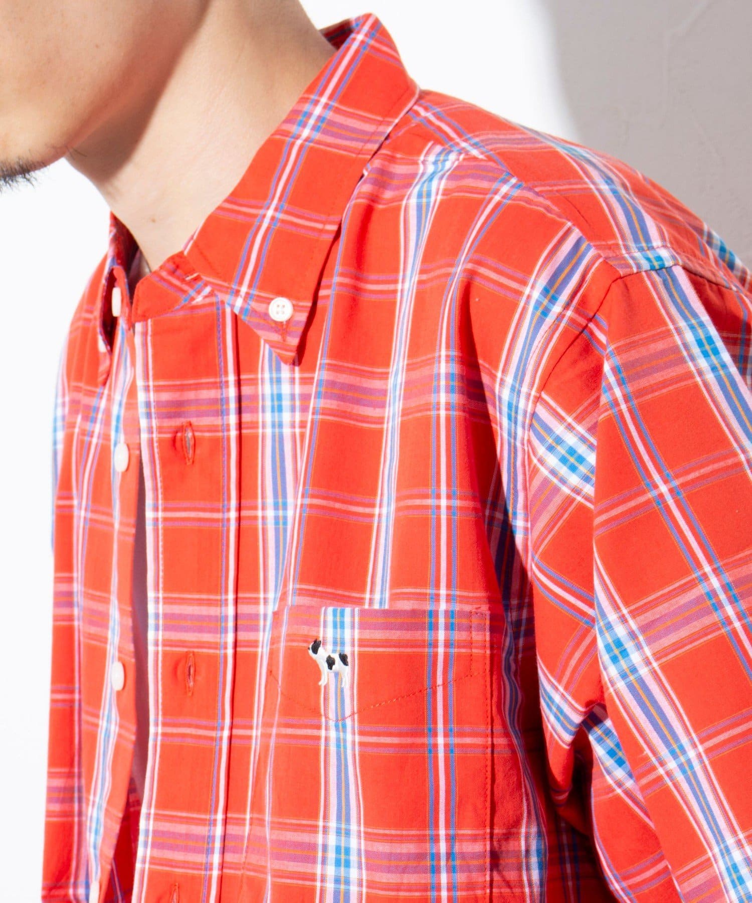 FREDY & GLOSTER(フレディ アンド グロスター) 【GLOSTER】フレンチブルドッグ刺繍 ワンポイントロゴ チェックシャツ 半袖