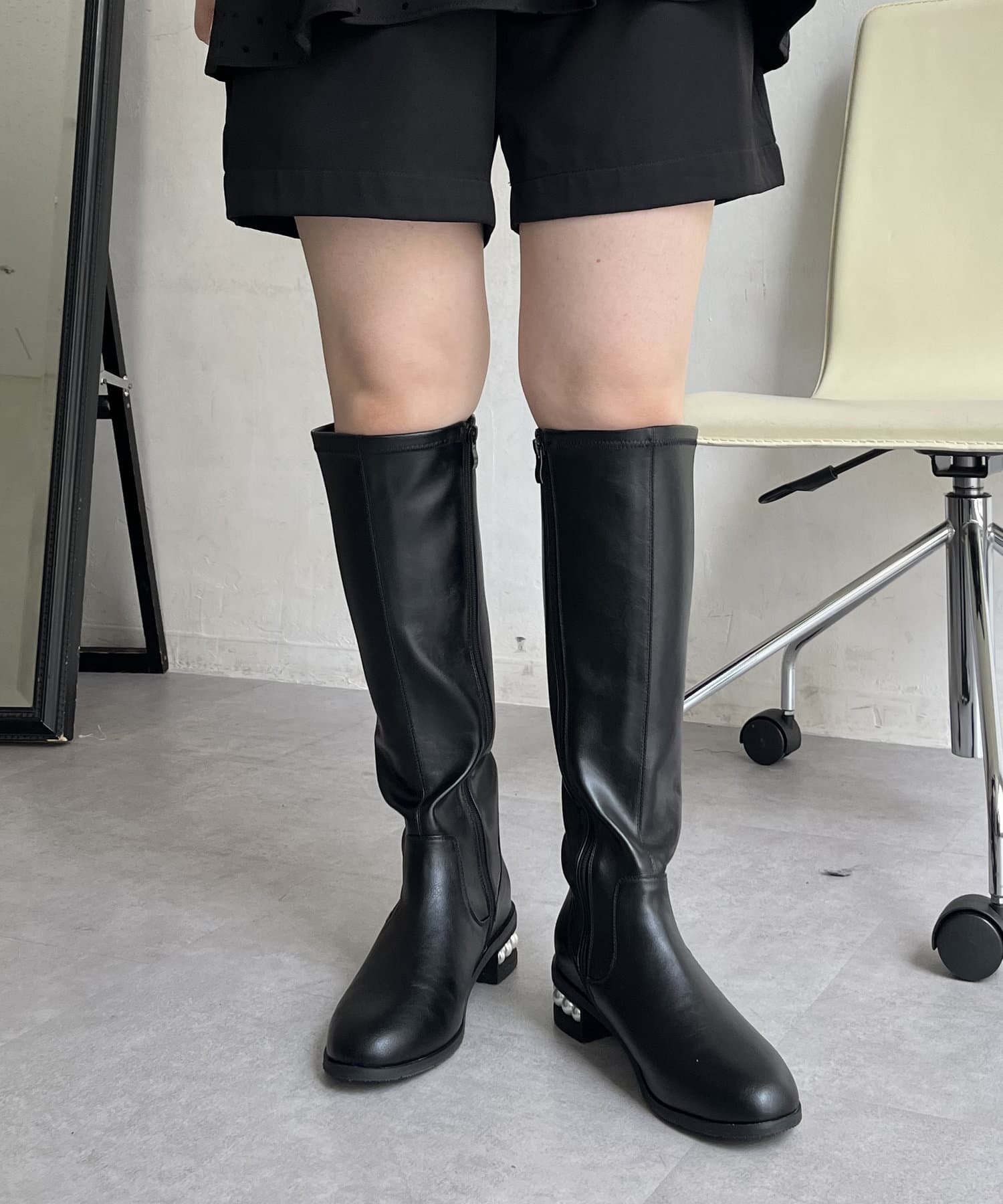 RANDA 晴雨兼用 ストレッチ ゴールドラインヒールロングブーツ - 靴