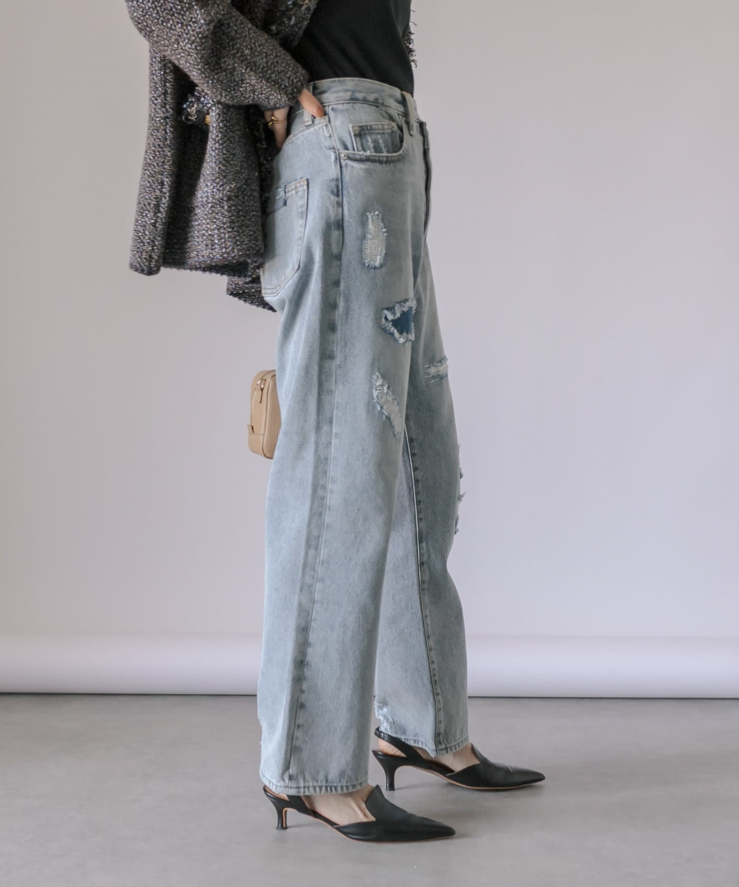 最高級のスーパー リヴドロワ MONN.:. (モン) slit DENIM グレー