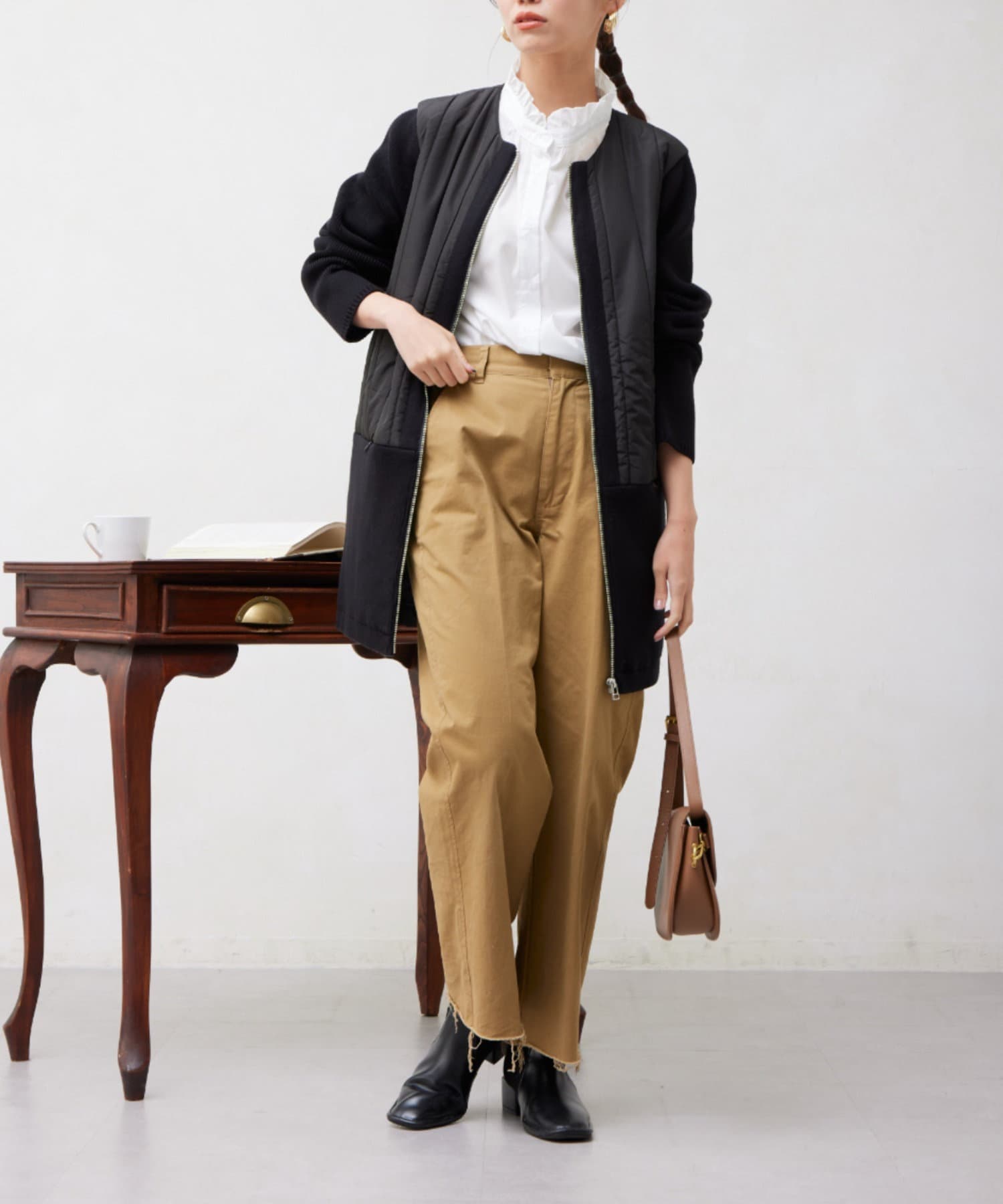 Chez toi(シェトワ) 中綿×ニット切替ミドル丈コート
