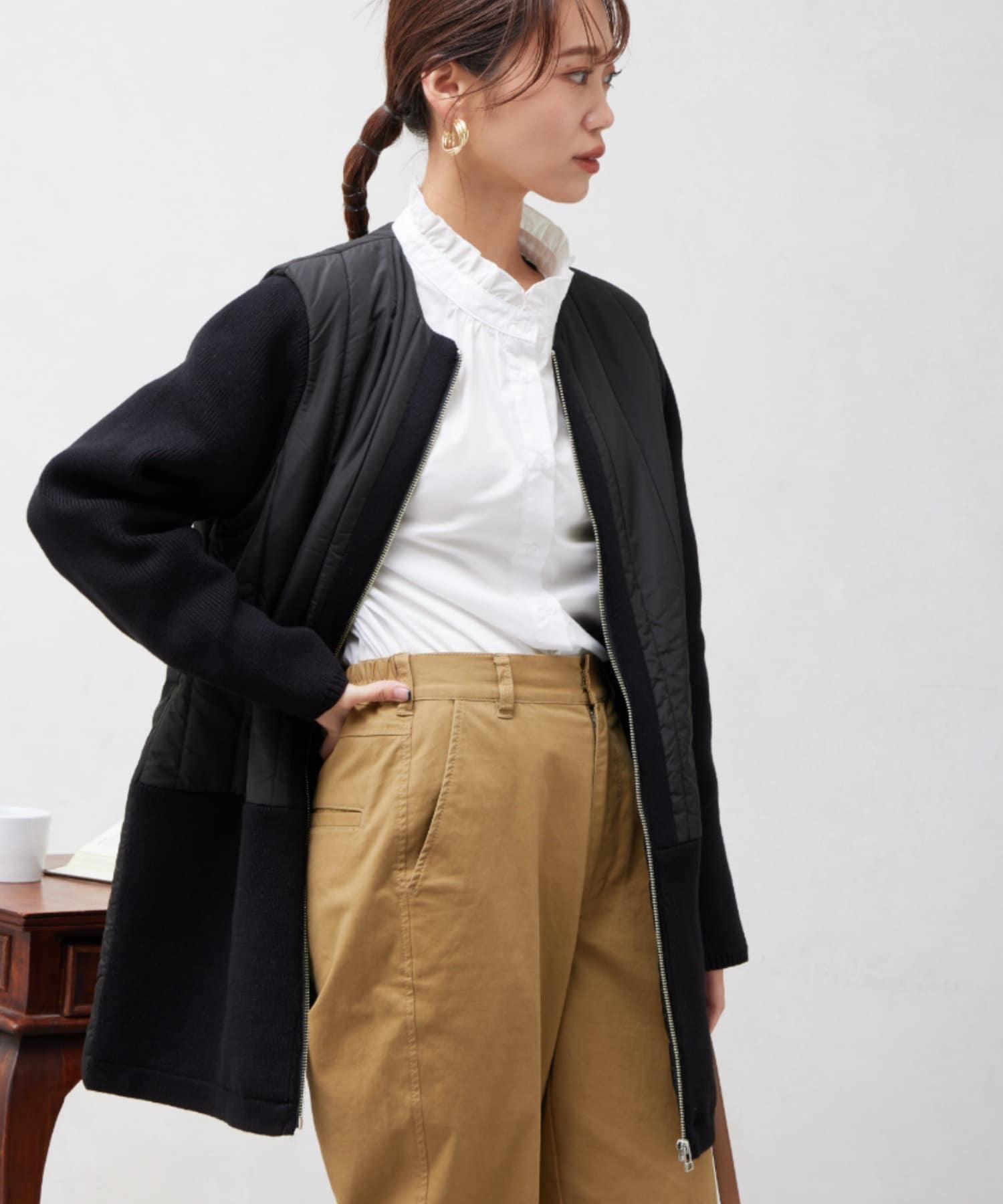 Chez toi(シェトワ) 中綿×ニット切替ミドル丈コート