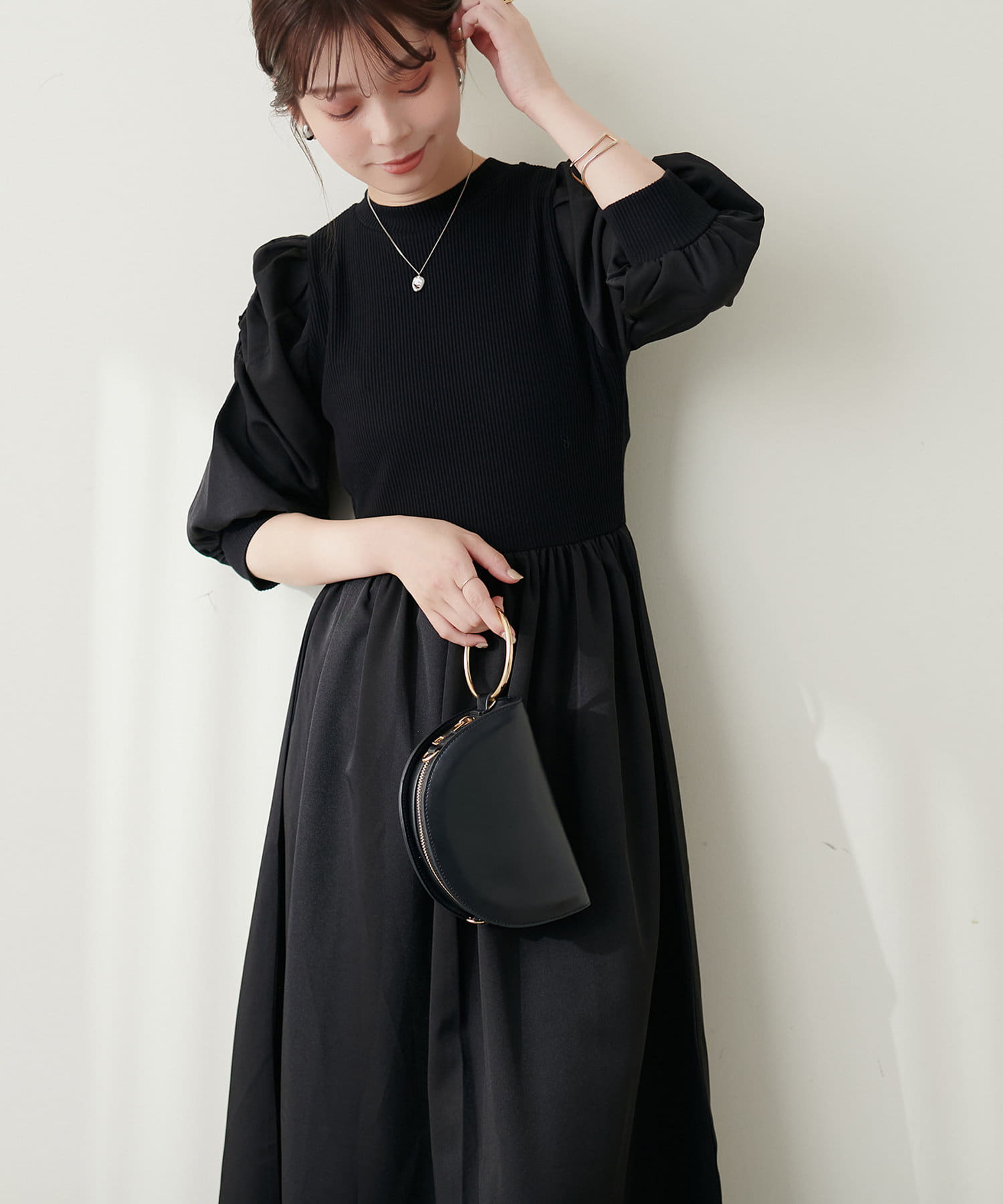 WEB限定 / 袖コンシャスドッキング6分袖ワンピース | natural couture