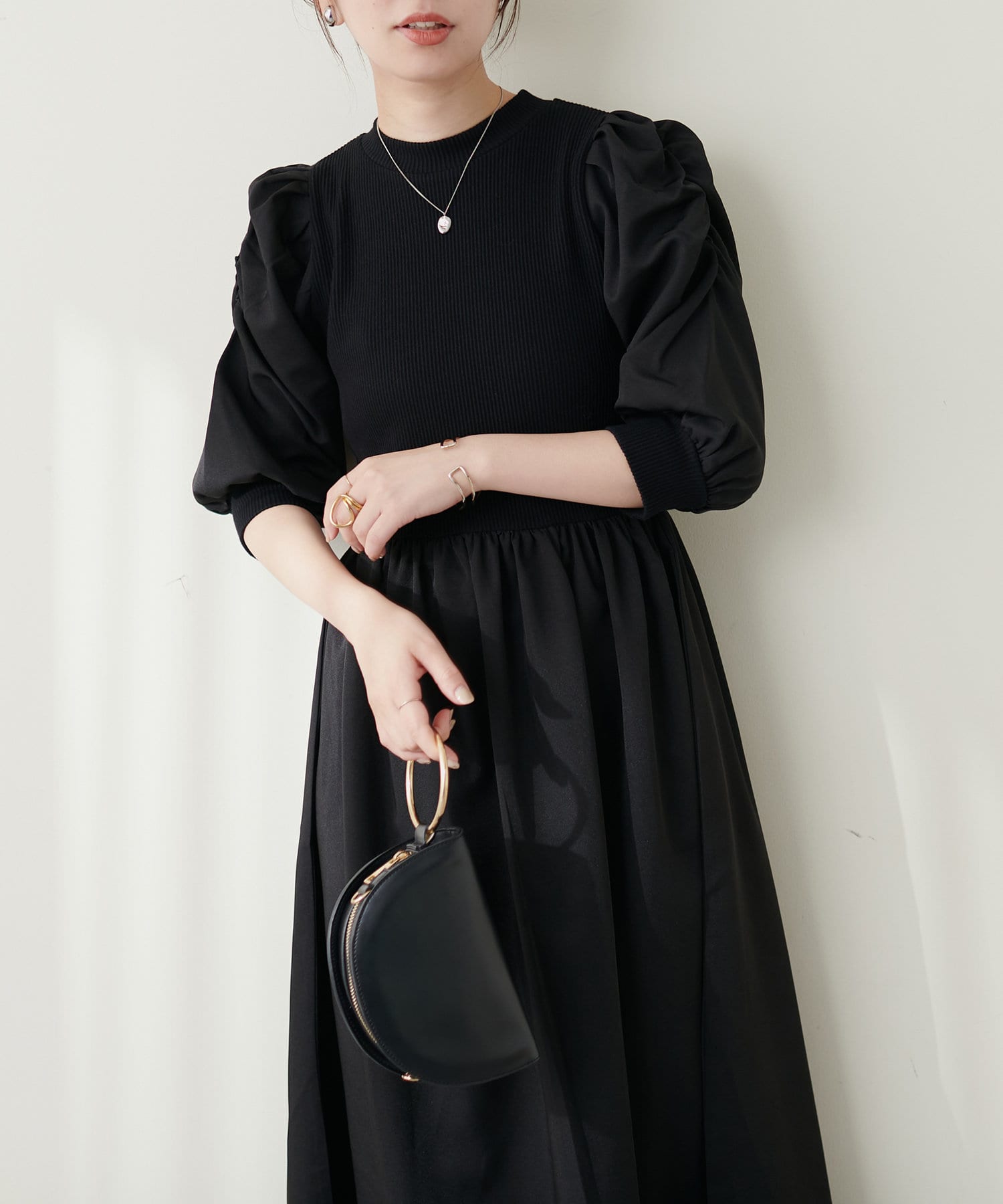 WEB限定 / 袖コンシャスドッキング6分袖ワンピース | natural couture