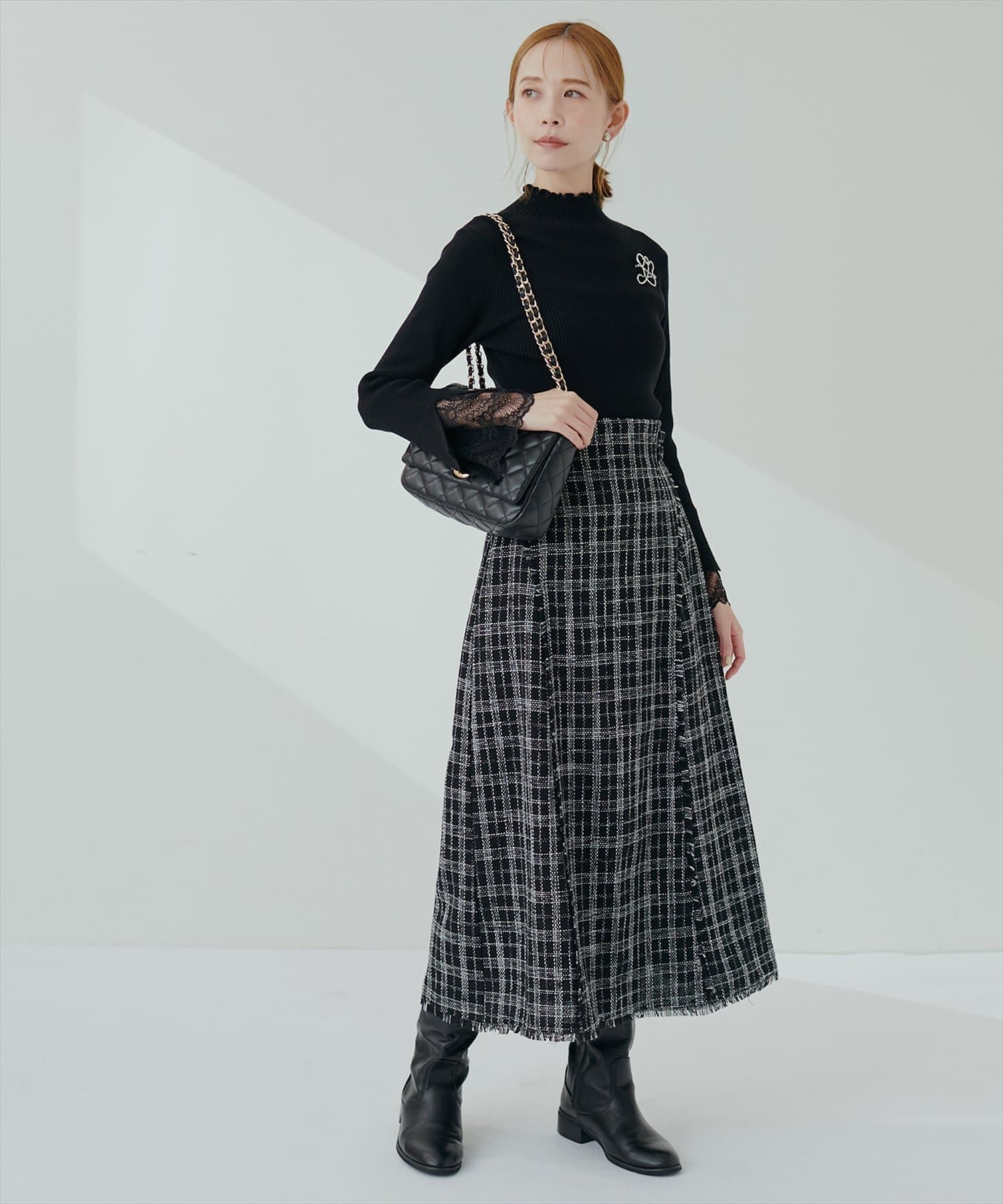 フリンジ切替サイドベルト付ツイードスカート | natural couture