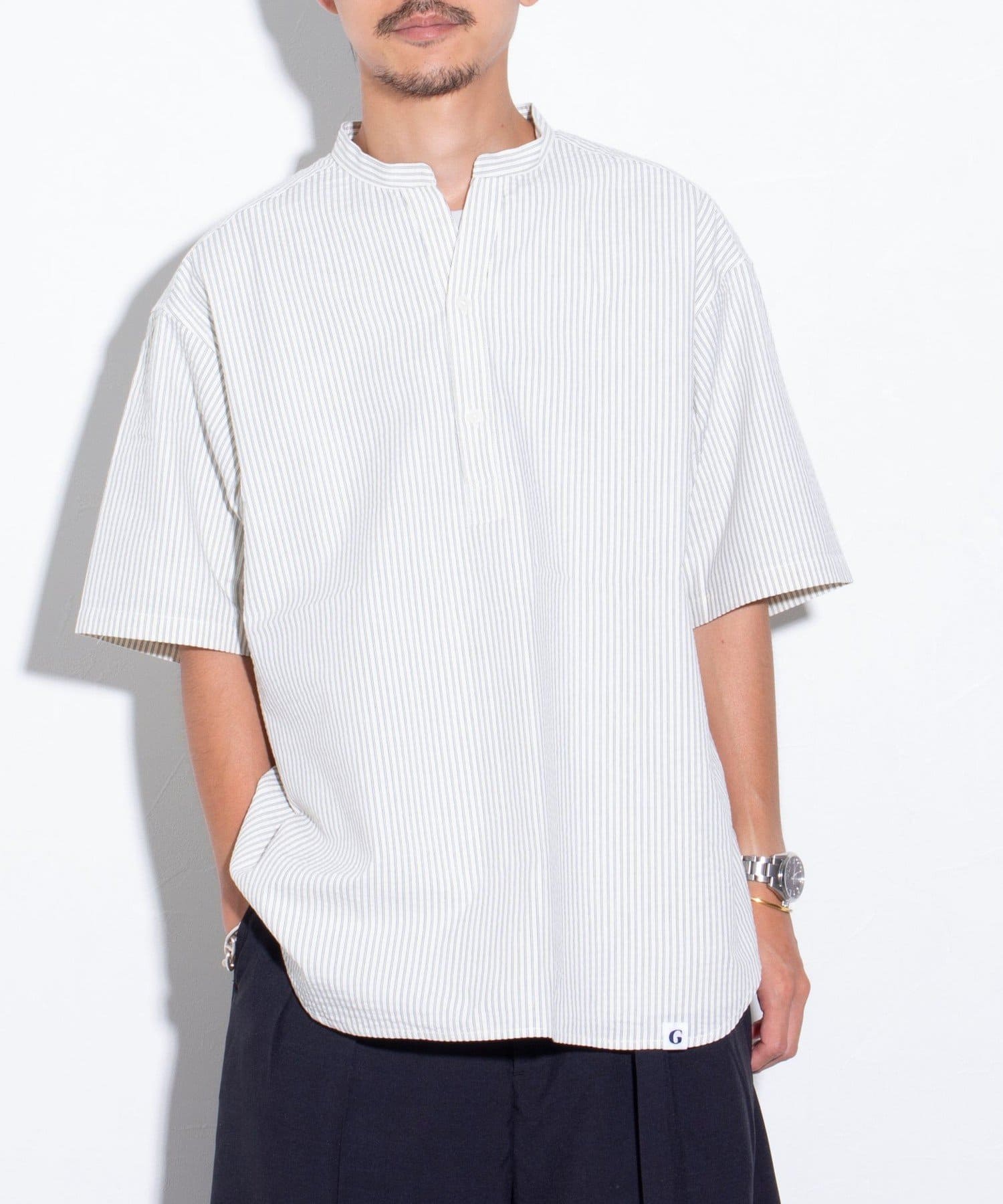 GLOSTER】スキッパーバンドカラー半袖シャツ シアサッカー