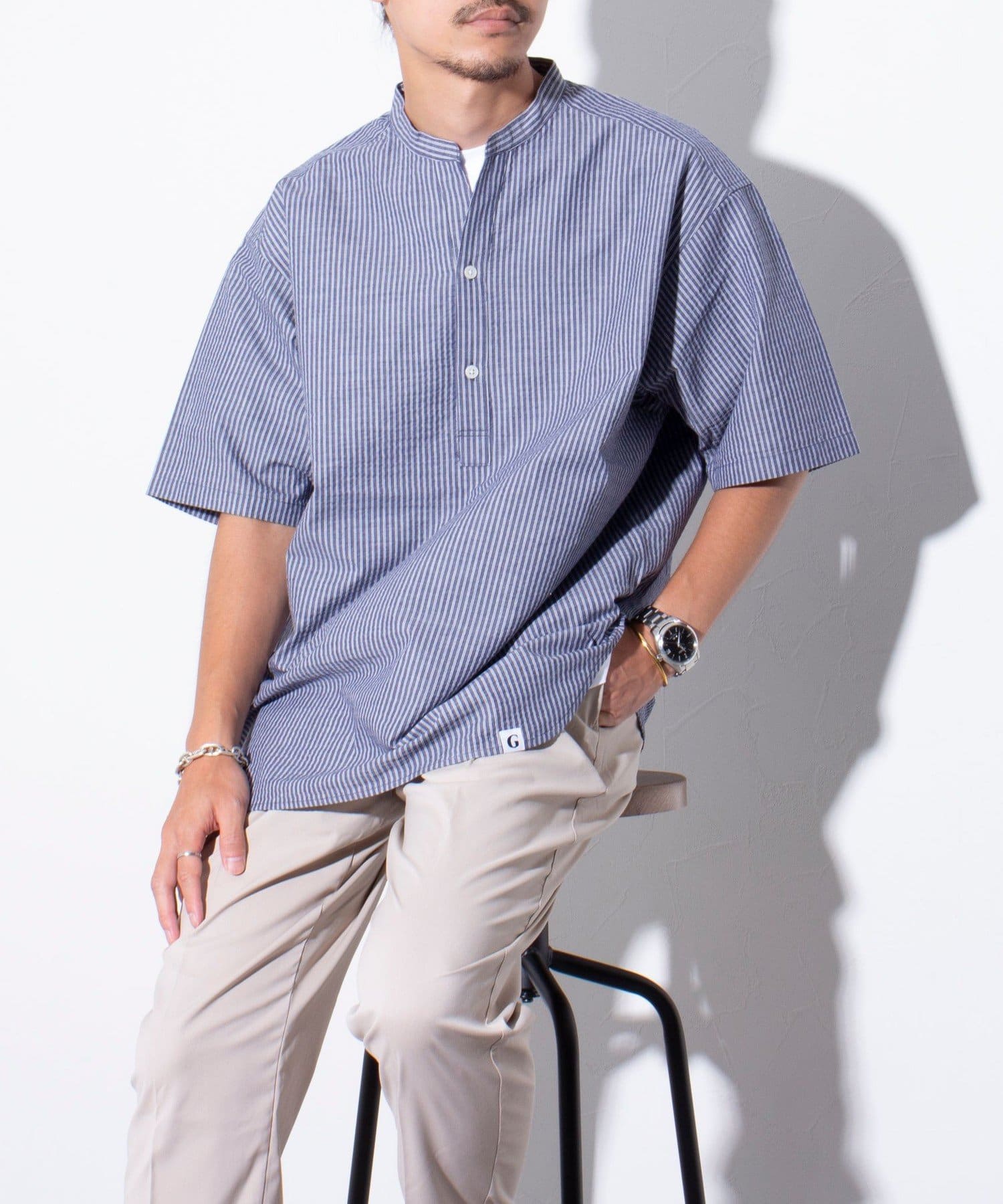 FREDY & GLOSTER(フレディ アンド グロスター) 【GLOSTER】スキッパーバンドカラー半袖シャツ シアサッカー ストライプ