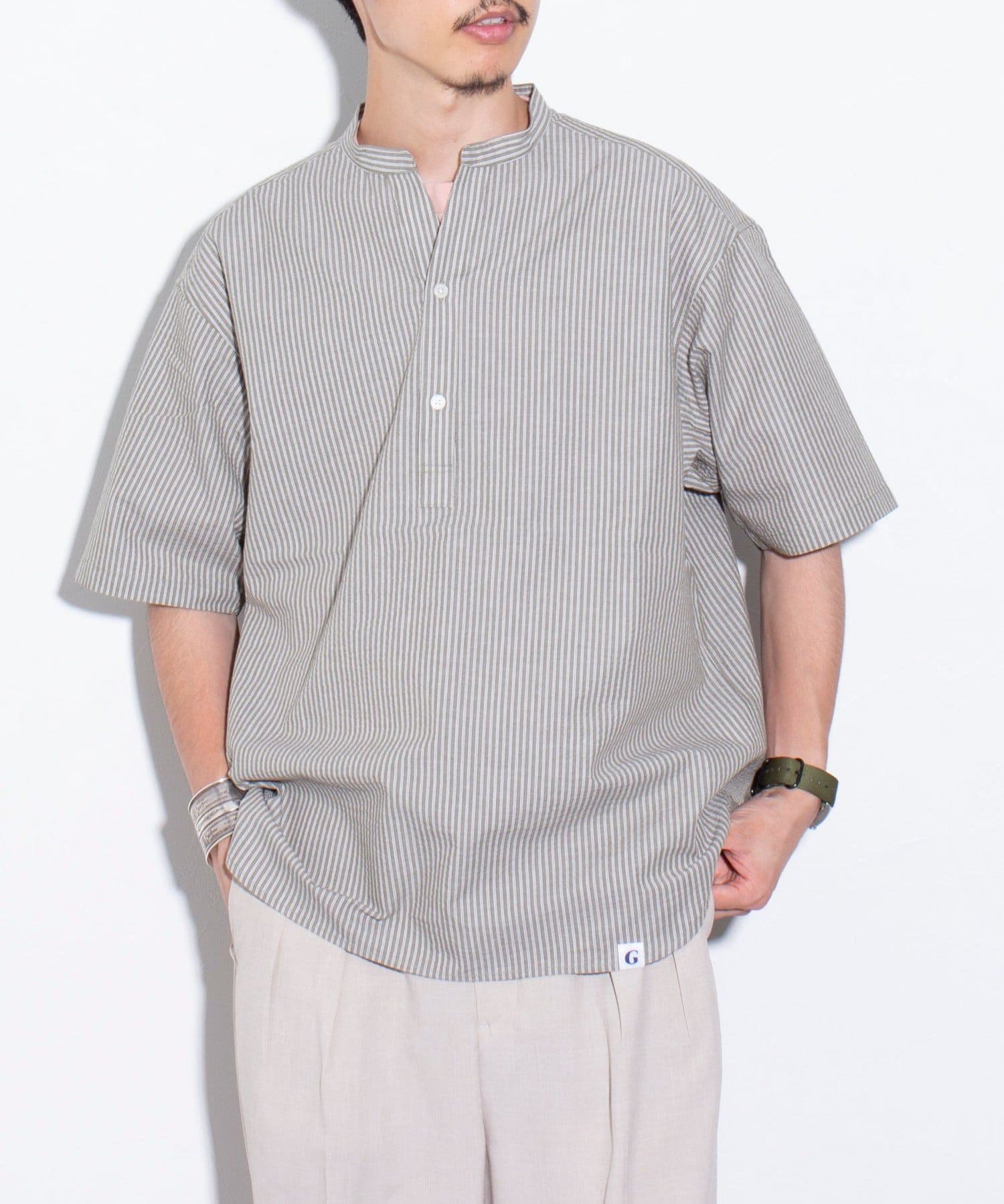 FREDY & GLOSTER(フレディ アンド グロスター) 【GLOSTER】スキッパーバンドカラー半袖シャツ シアサッカー ストライプ