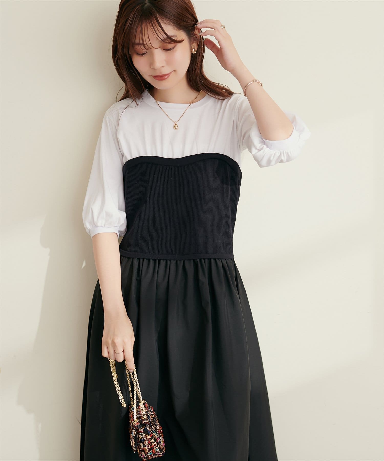 natural couture(ナチュラルクチュール) ニットカットコンビワンピース