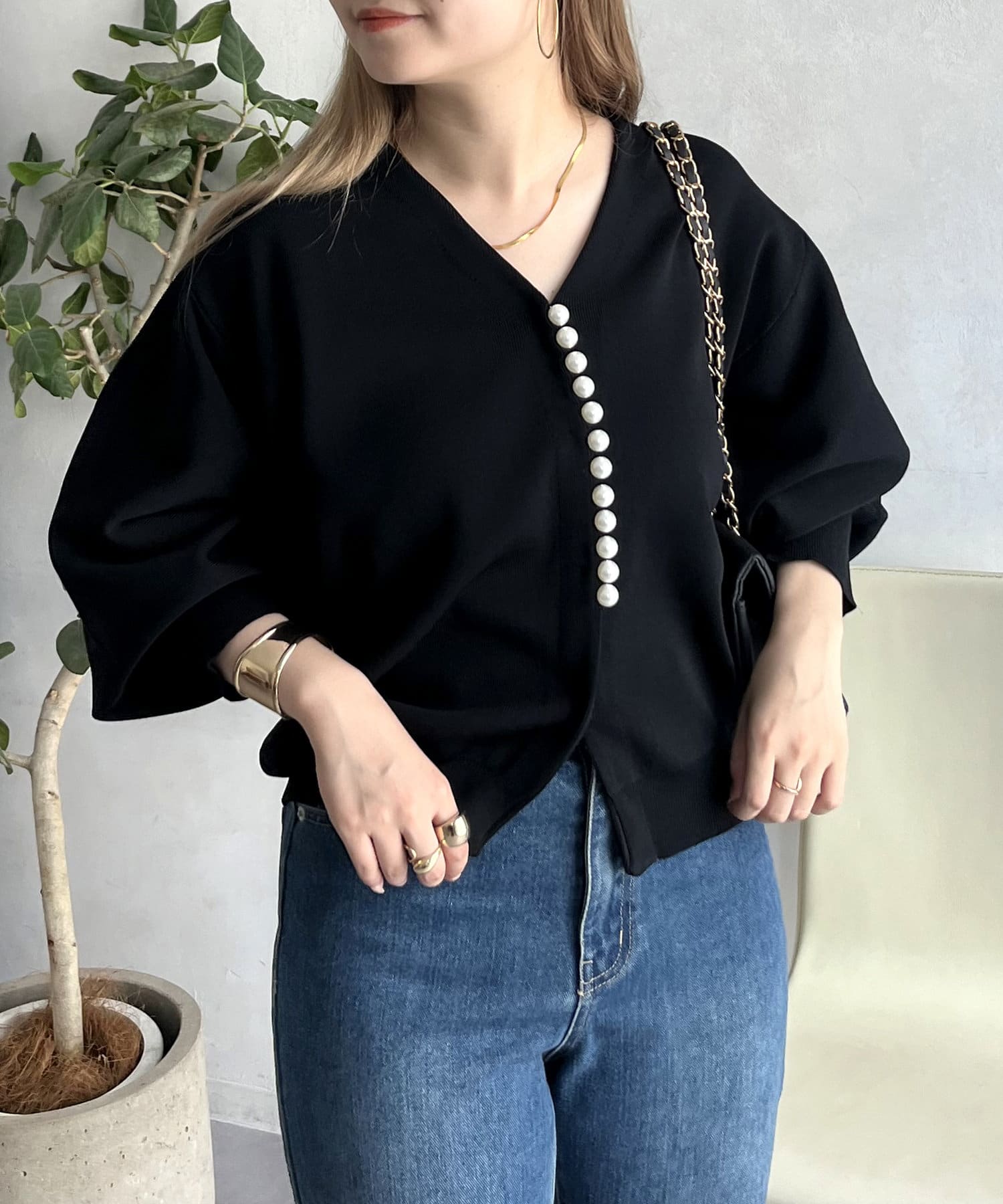 prose verse(プロズヴェール) フロントパール袖ボリュームカーディガン