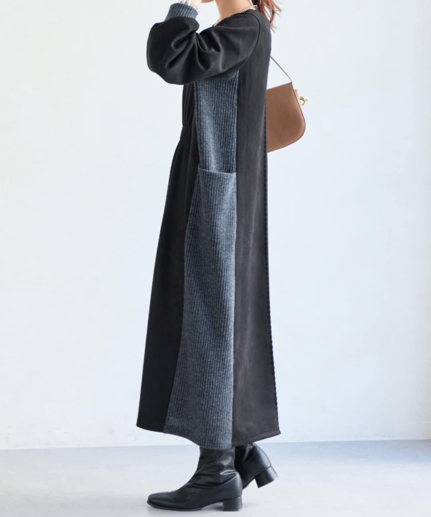 Chez toi(シェトワ) 前後2WAYスエード×リブワンピース