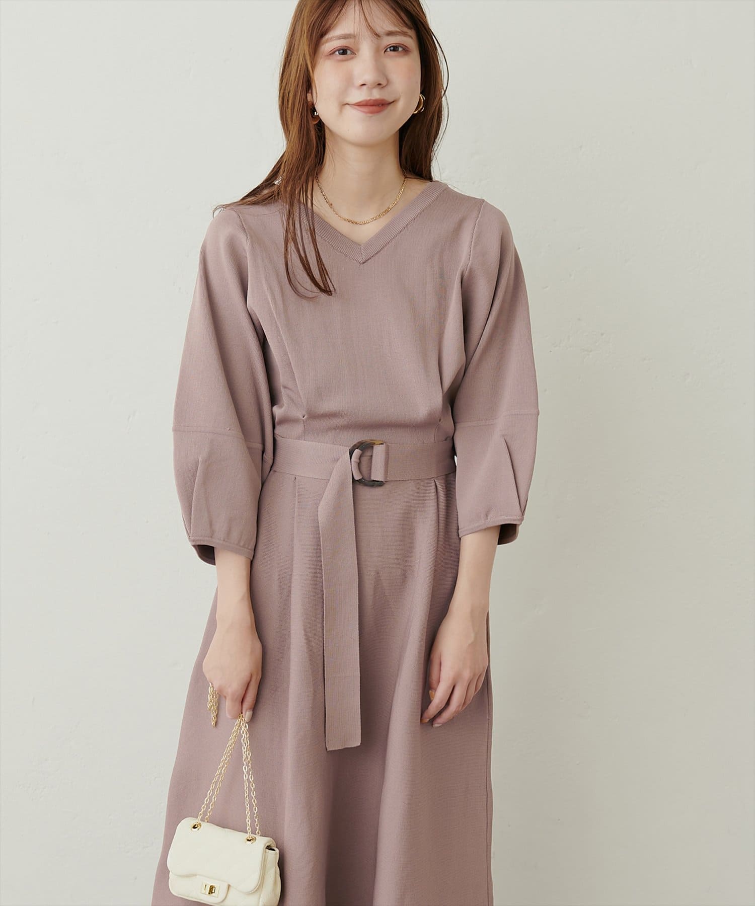 ランタンスリーブポリニットワンピース | natural couture