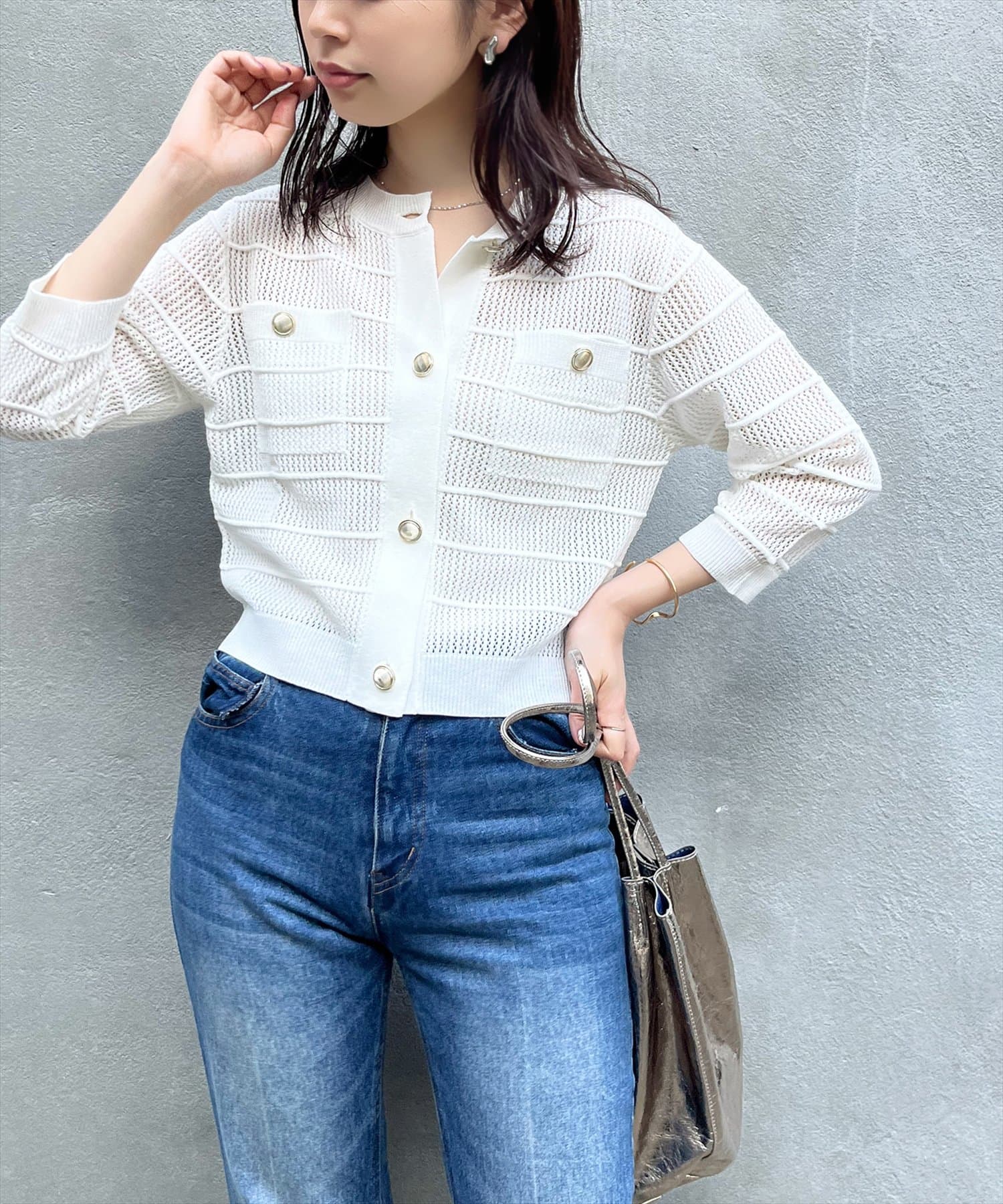 natural couture(ナチュラルクチュール) タック×透かしニット6分袖カーディガン