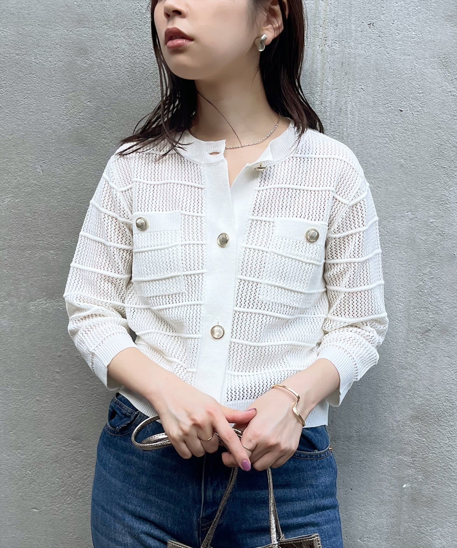 タック×透かしニット6分袖カーディガン | natural couture